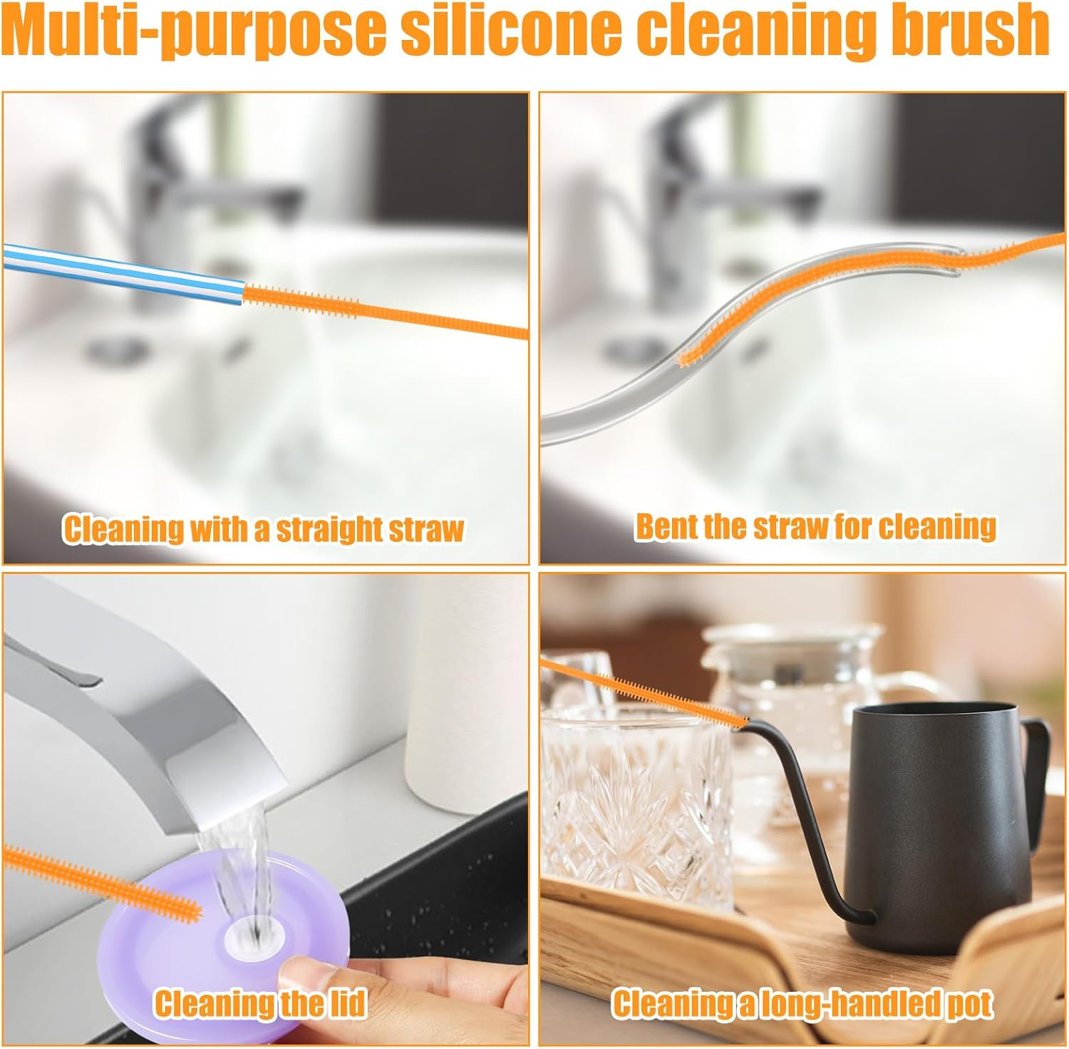 3Pcs Silicone Straw Cleaner Brush Set, Reusable Extra Long Straw Cleaning Tool with 3Mm 6Mm 9Mm Multi-Size Cleaning Accessories for Stanley Cup Water Bottle (Orange) image number 2