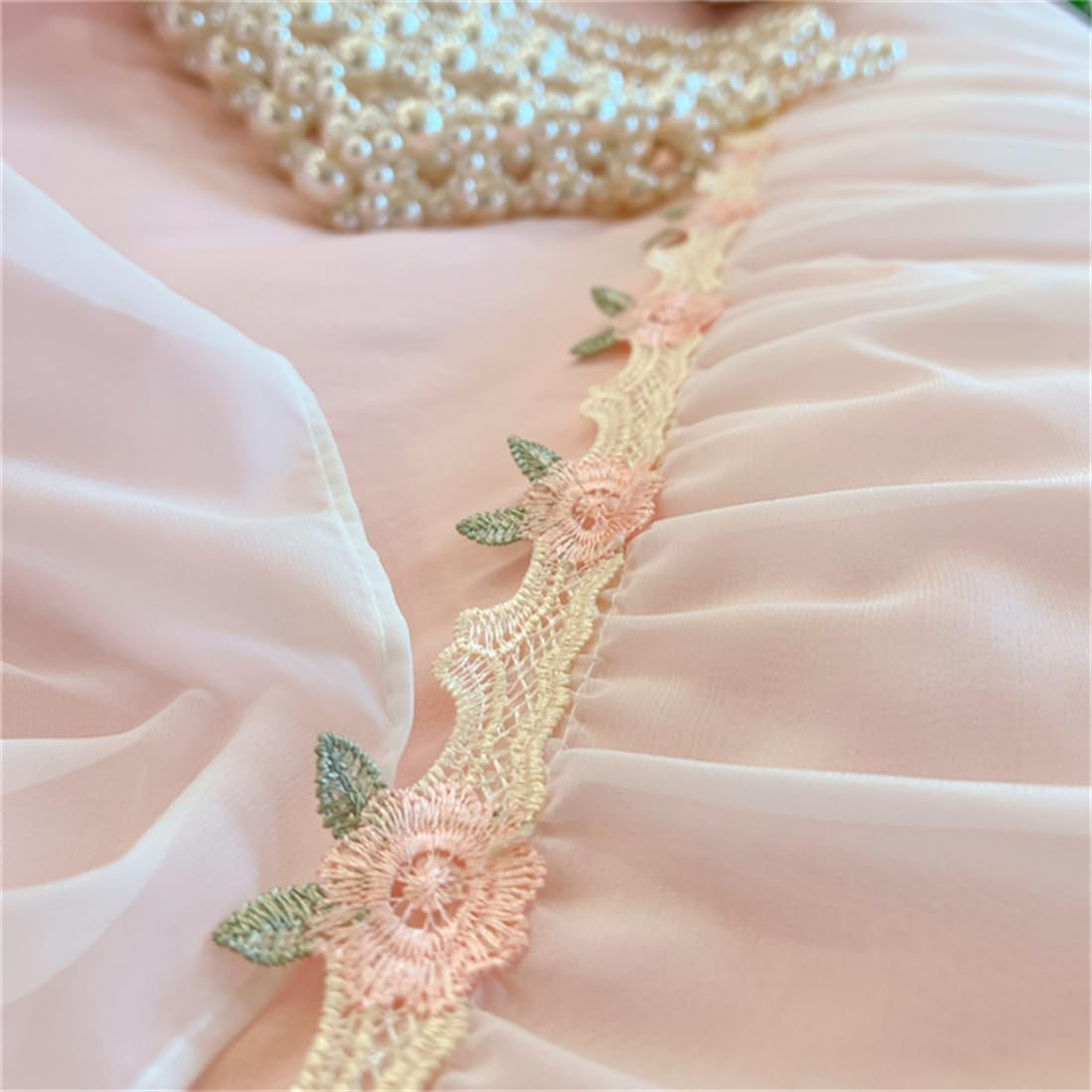 MOOWOO Pink Bedding-Romantic Ruffle Lace Bedding Set 3 Piece Comforter Queen Duvet Cover with Zipper Closure,Coquette Room Decor-Pink,Queen Size image number 2