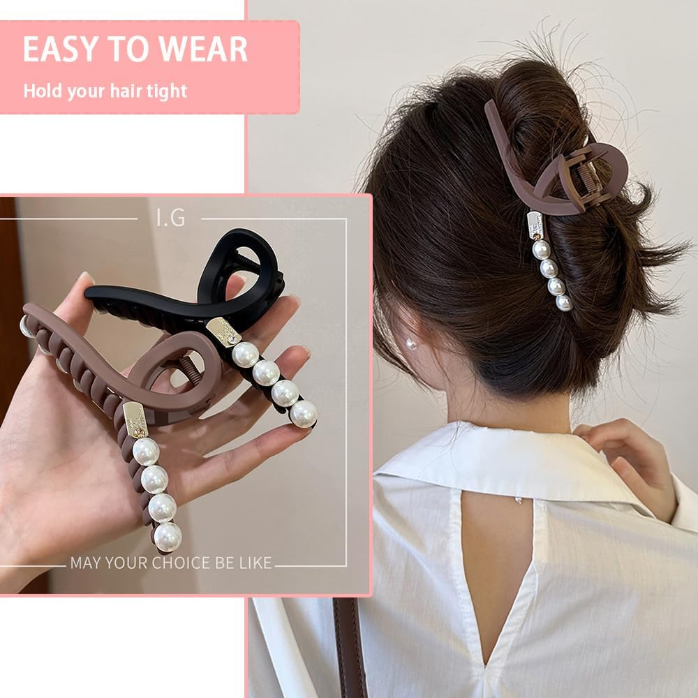 2 Pack Large Pearl Hair Claw Clips for Women - Strong Hold, Nonslip, Jumbo Hair Accessories for Thick, Thin, Curly Hair - Black and Brown Hair Clips with Storage Bag image number 4