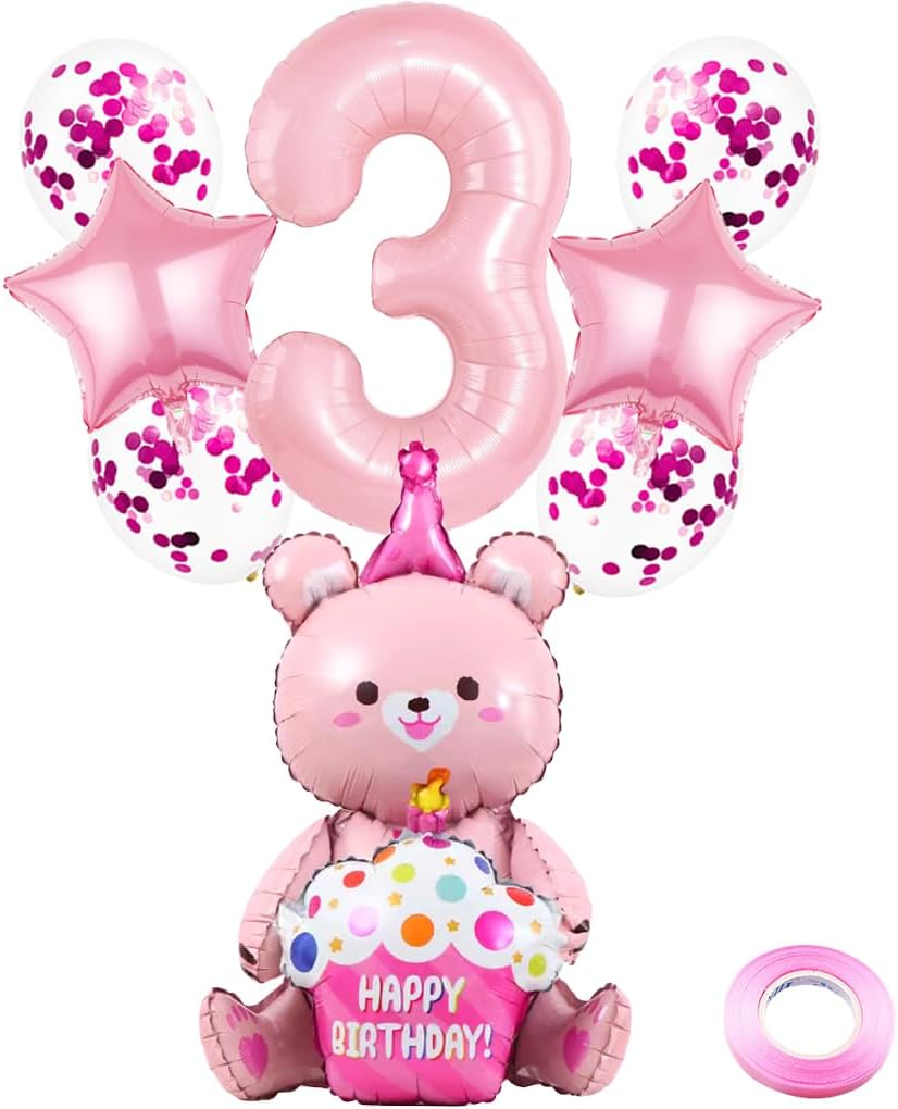 Weenkeey 1St Bear Birthday Balloons Giant 4D Bear Aluminum Foil Balloon Number 1 Mylar Balloon Bear Hug Cake Balloon for Bear Theme Party Supplies Girls Birthday Baby Shower D&eacute;cor