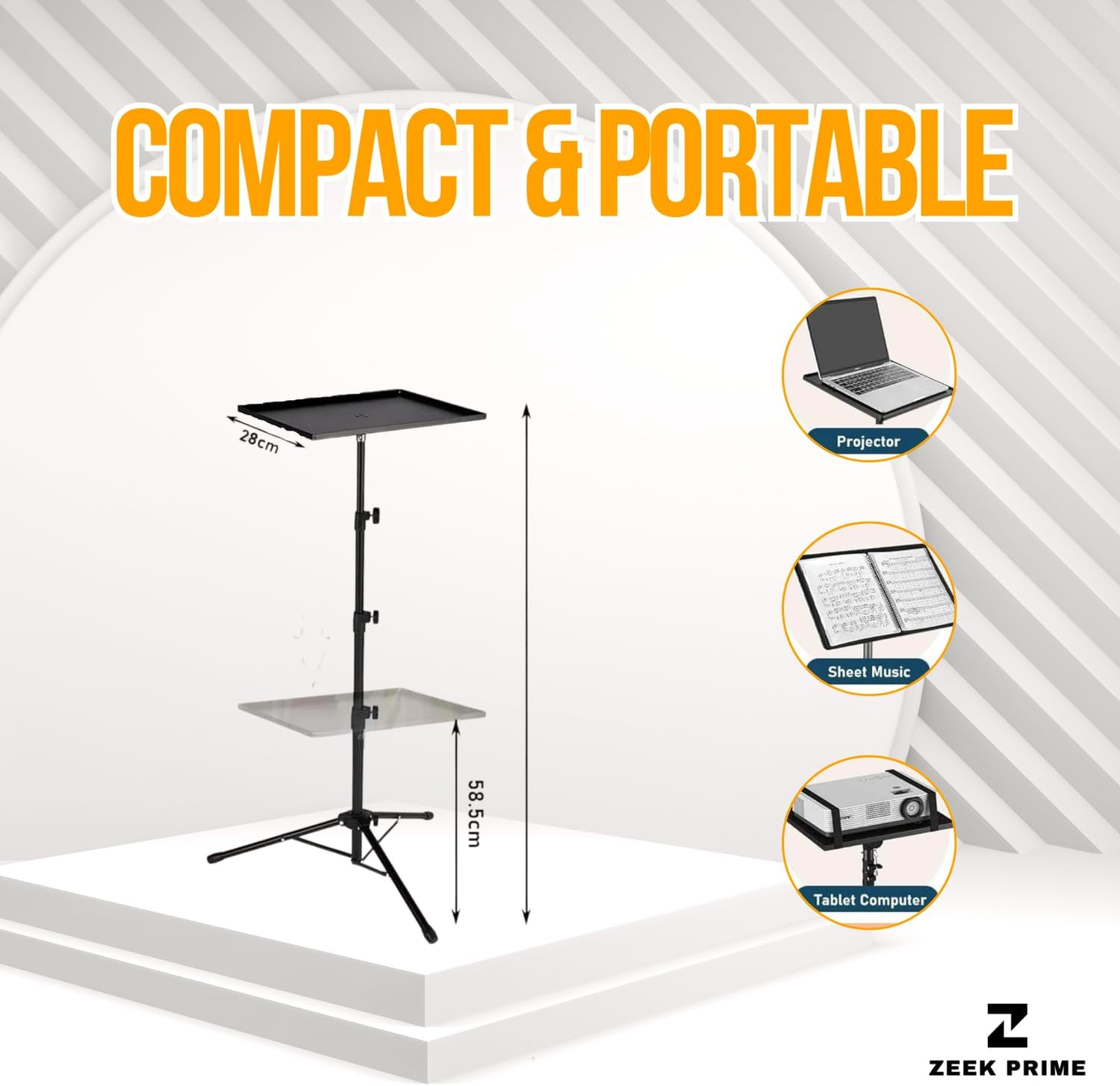 ZEEK PRIME - Adjustable Laptop Tripod Stand with Phone Mount &ndash; Heavy-Duty Alloy Construction, Height Adjustable from 0.65&ndash;1.6M, Load Capacity 15Kg | Portable Projector & Laptop Holder for Home,Office.