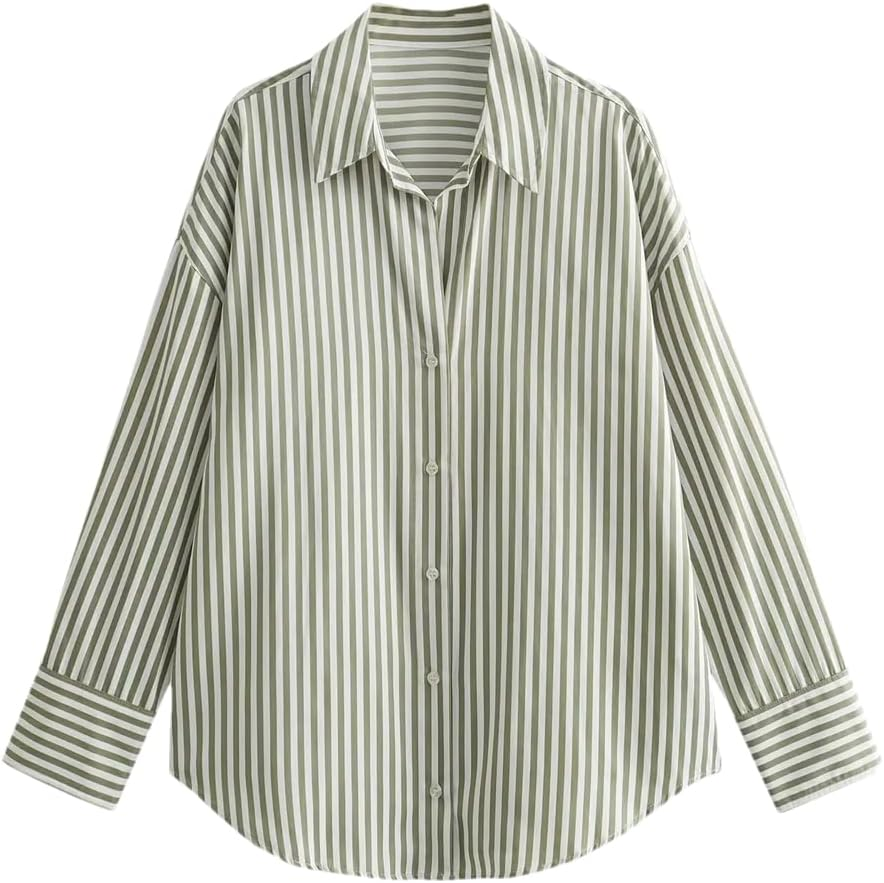 Women'S Striped Long Sleeve Shirt Vintage Casual Striped Button down Blouse Office Work Tops image number 2