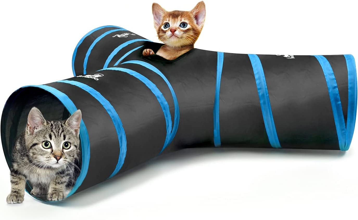 Pawaboo Cat Tunnel, Premium 3 Way Tunnels Extensible Collapsible Cat Play Tunnel Toy Maze Cat House with Pompon and Bells for Cat Puppy Kitten Rabbit, Black & Light Blue image number 1