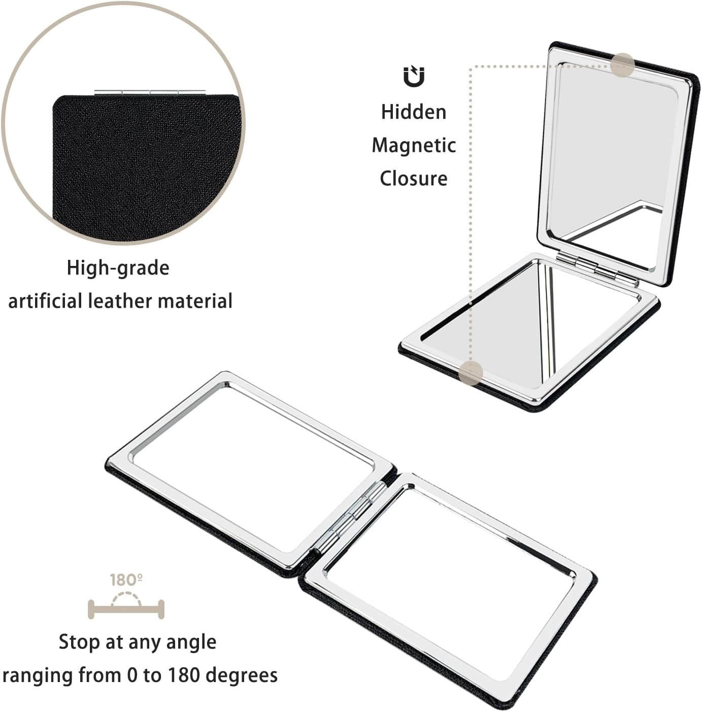 YOLCAR Portable Beauty Mirror with Leather Cover, 1X/2X Two-Sided Makeup Small Pocket Mirror, Portable for Travel and Purses - Black image number 4