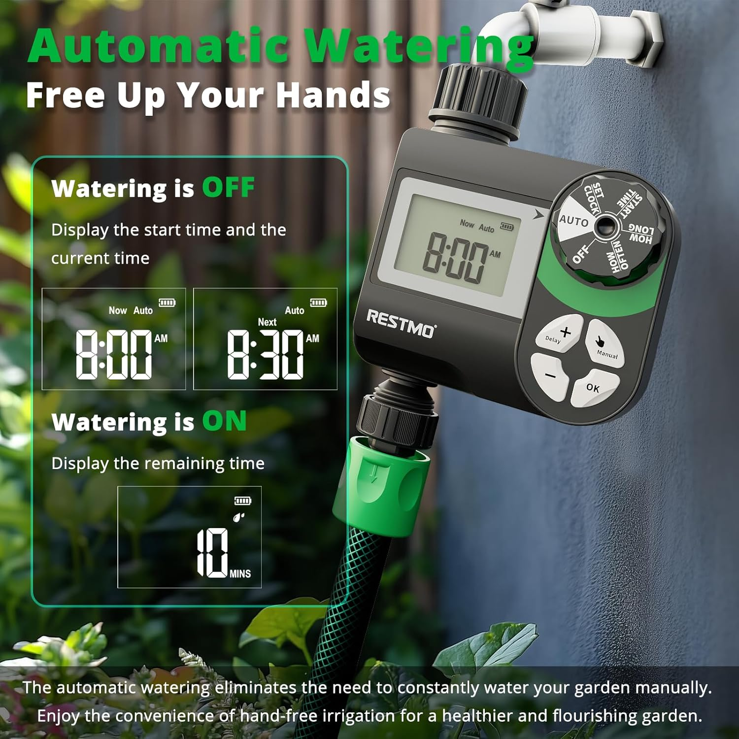 RESTMO Tap Timer, Irrigation Hose Timer with Rain Delay/Manual/Automatic Watering System, Water Timer for Outdoor Faucet, Garden Sprinkler, Yard and Lawn image number 1