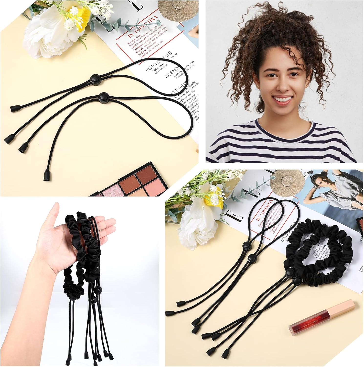 KFHENSOMR Adjustable Hair Ties 4 Pcs Black Large Satin Hair Ties for Afro Puff Thick Hairs Band Adjustable Loc Accessories for Black Women Soft Ponytail Holders for Medium Thick Thin Curly Hairs image number 4