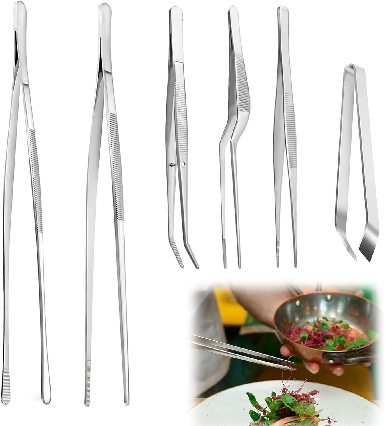 Wzenclave 6-Piece Stainless Steel Fine Tipped Needle-Nose Pliers Cooking (12" & 6.3") Cooking Tweezer Tongs Set Professional Chef-Grade Kitchen Tweezers image number 3
