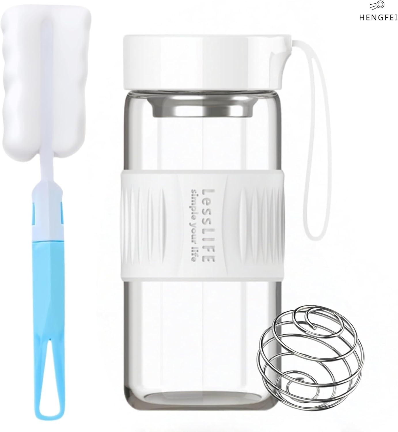 HENGFEI Glass Shaker Bottle for Protein Mixes,16Oz Glass Shaker with Silicone Carry Handle, Strainer and Shaker Ball (Ivory) image number 1