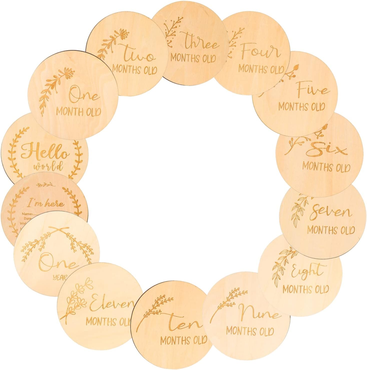 MERRYHAPY 14Pcs Wooden Milestone Cards Set Unisex Photo Props for Newborns Milestone Discs for Memorable First Year Adorable Growth Announcement Plaques Smooth Finish for Safe Use image number 1