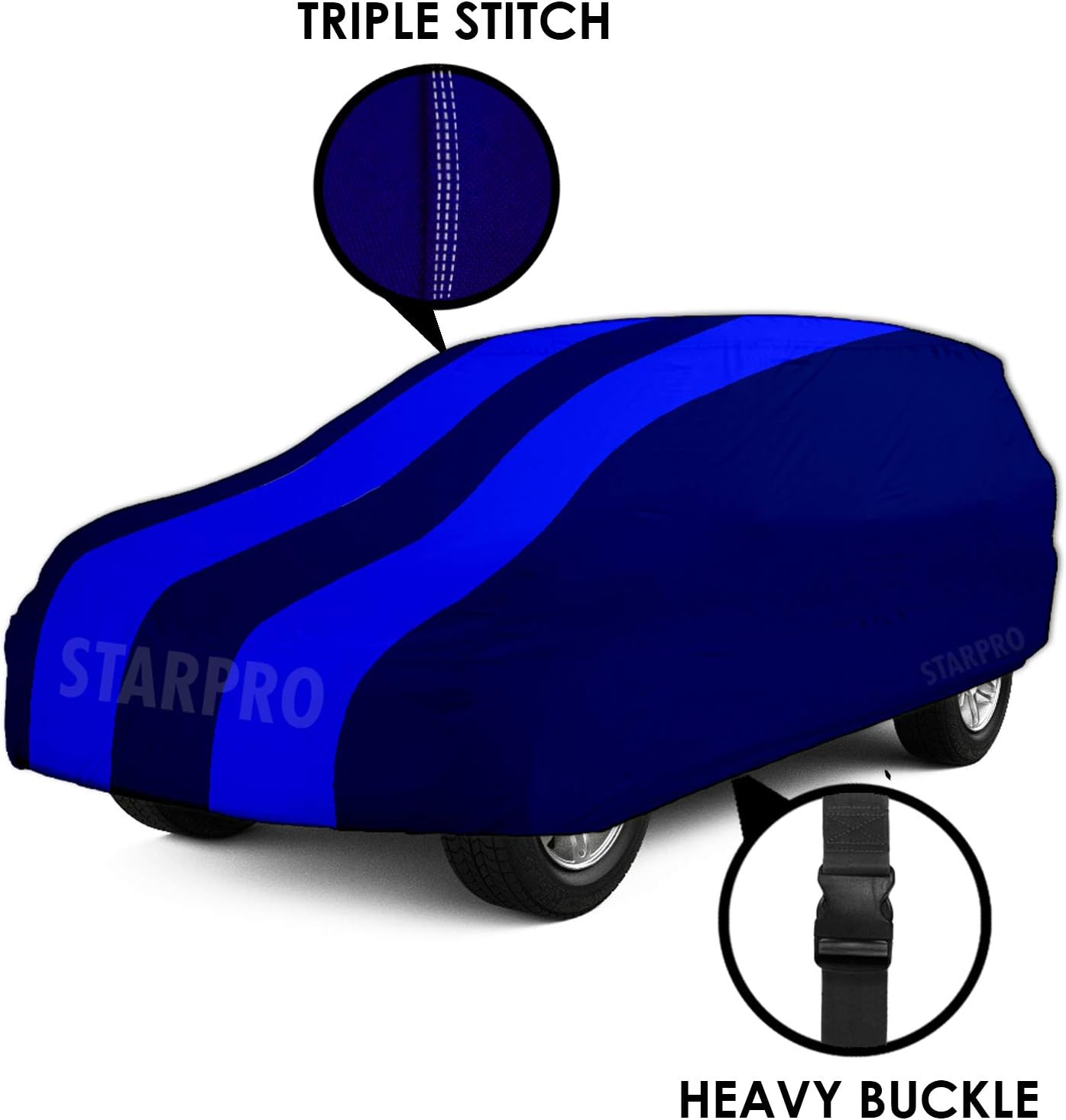 SHIVRAT Presents All Weather Water Resistant and U/V Rays Protection Car Body Cover Compatible with Force One Variants (Royal Blue Stripes without Mirror) image number 5