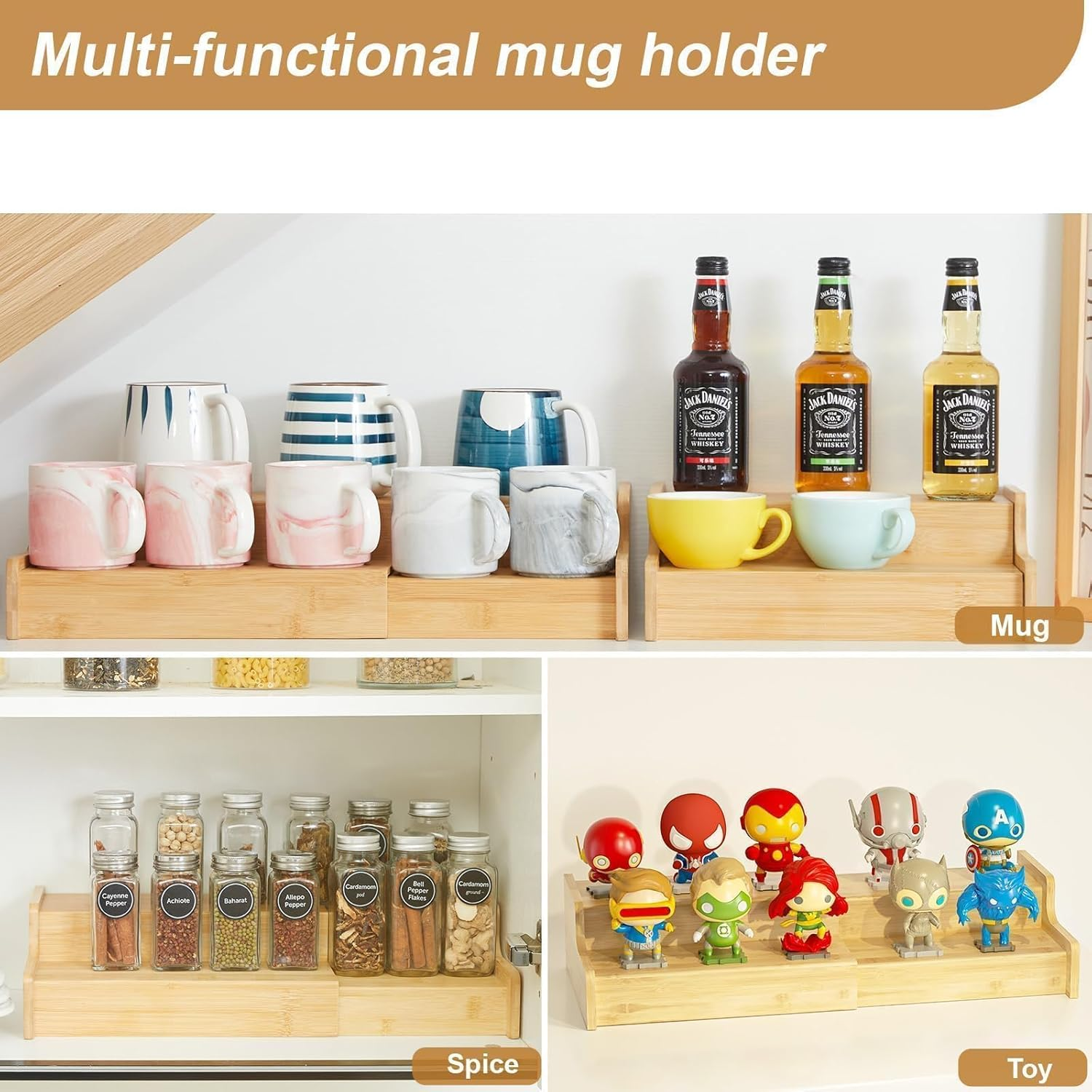 Spice Rack Kitchen Cabinet Organiser, 2-Tier Expandable Mug Organizer, Cup Organizer for Kitchen Cabinets, Bamboo Mug Cup Rack, Multi-Functional Cup Holder Shelf, Coffee Bar, Home image number 6