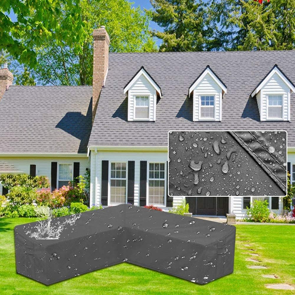 Garden Furniture Covers L-Shape Furniture Cover Waterproof Windproof 420D Heavy Duty Oxford Fabric Outdoor Patio Sectional Couch Rattan Corner Sofa Table Chair Protection Left Facing:112&times;87In