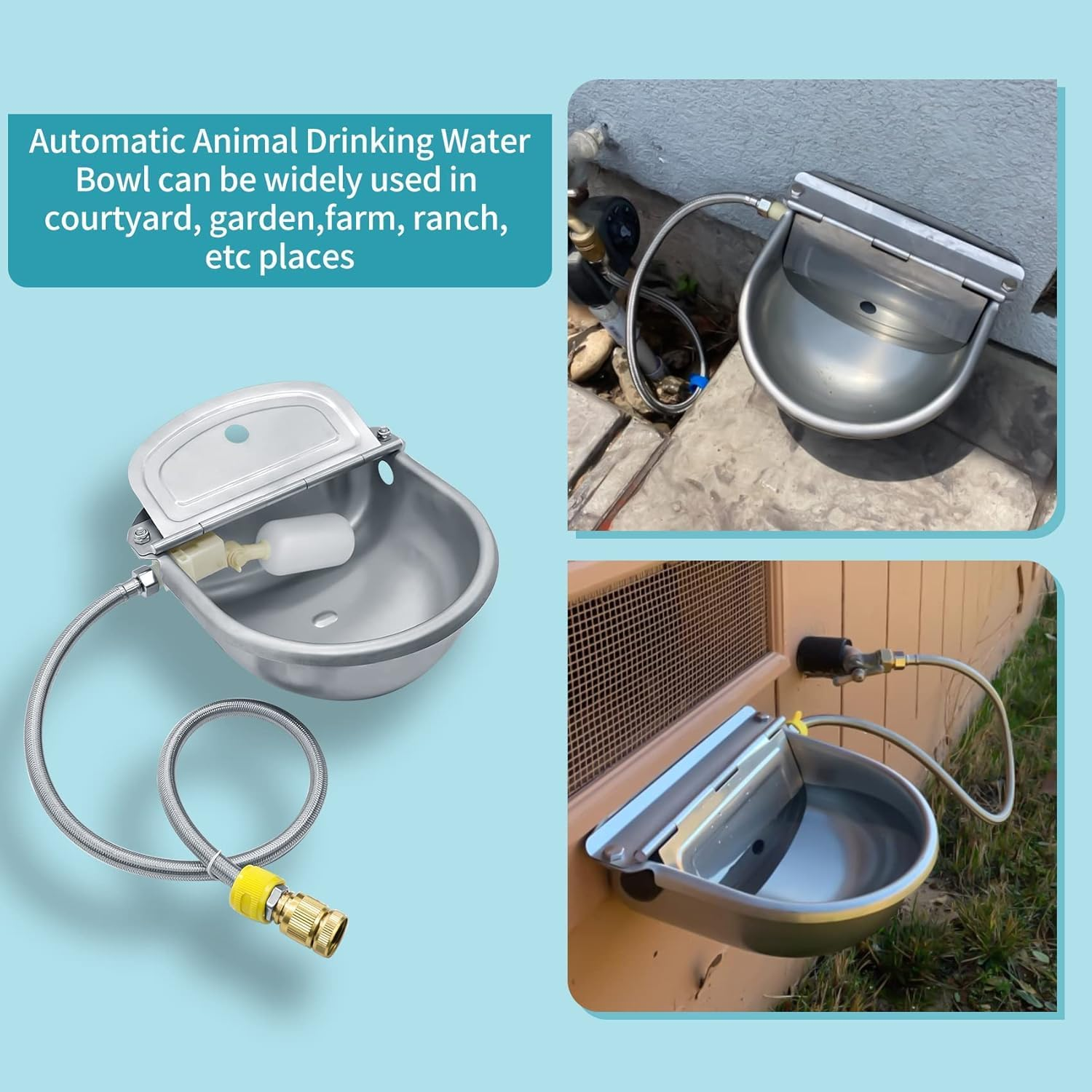 Automatic Animal Drinking Water Bowl, 304 Stainless Steel Waterer for Dog Horse Goat Pig Cow, Livestock Water Trough Dispenser with Pipe Hose, 2 Float Valves, Quick Connecter, Expansion Bolt image number 4