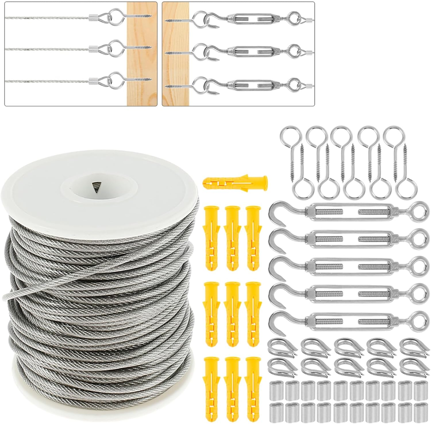 Wire Rope Kit Stainless Steel 304 Marine Grade Cable Railing Kit, Heavy Duty Aircraft Wire Rope & Picture Suspension Kits for Gardens Railing Decking, Boat Hardware (30M/98Ft) image number 1