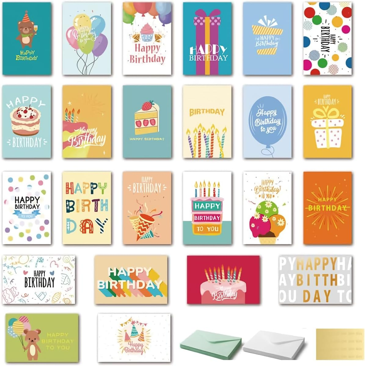 Vekol 24 Pack Unique Birthday Cards, Happy Birthday Cards Bulk with Envelopes and Stickers,4X6 Inch Assorted Blank Birthday Greeting Cards, Suitable for Men, Women, Kids, Work and Office Celebration (24PCS Multicolor 1)