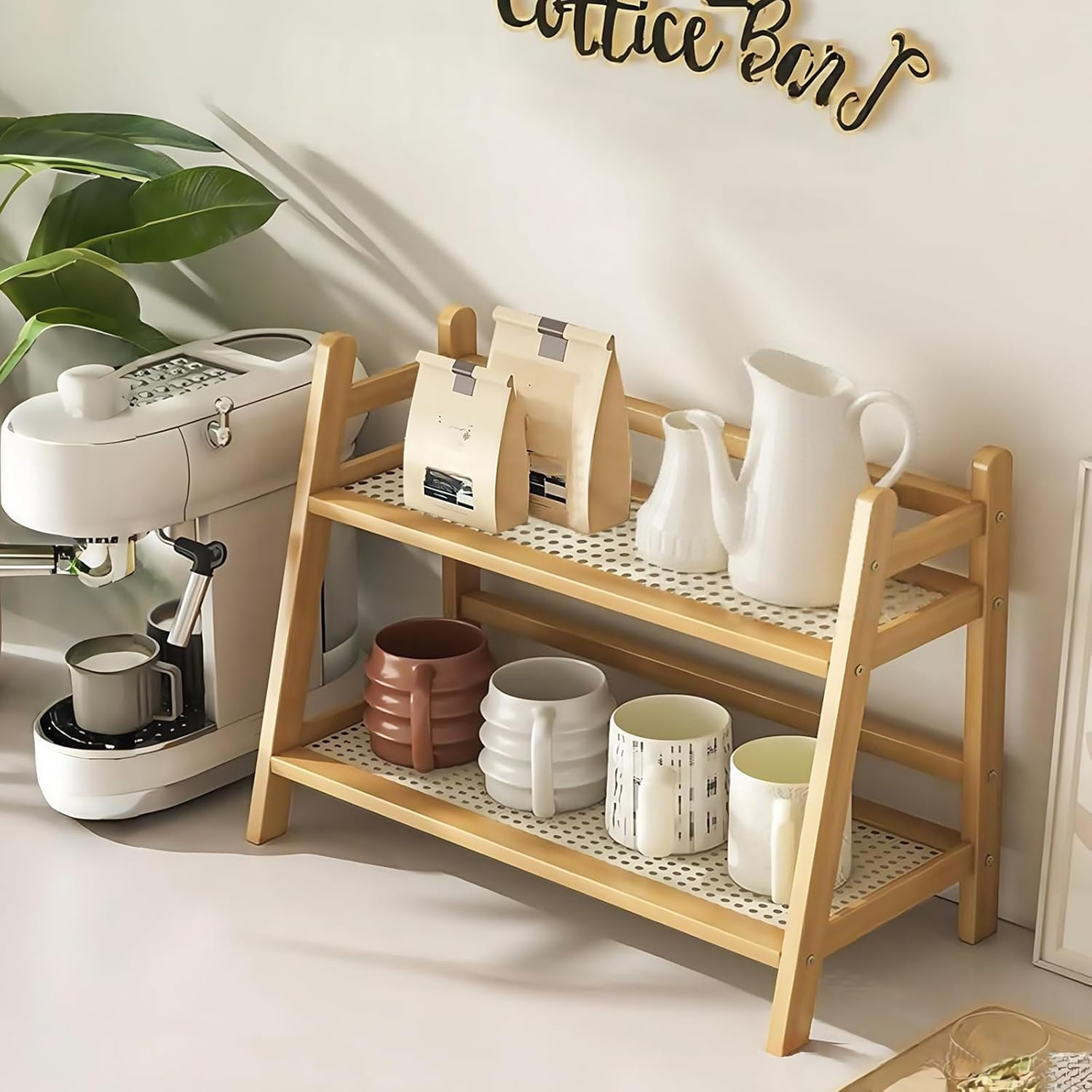 Wicker Look Coffee Station Organizer, Bamboo Mug Holder Countertop, Kitchen Counter Shelf for Tea Coffee Bar Accessories, Matcha Stand, Cup Display, Condiment Storage Rack, 2 Tier