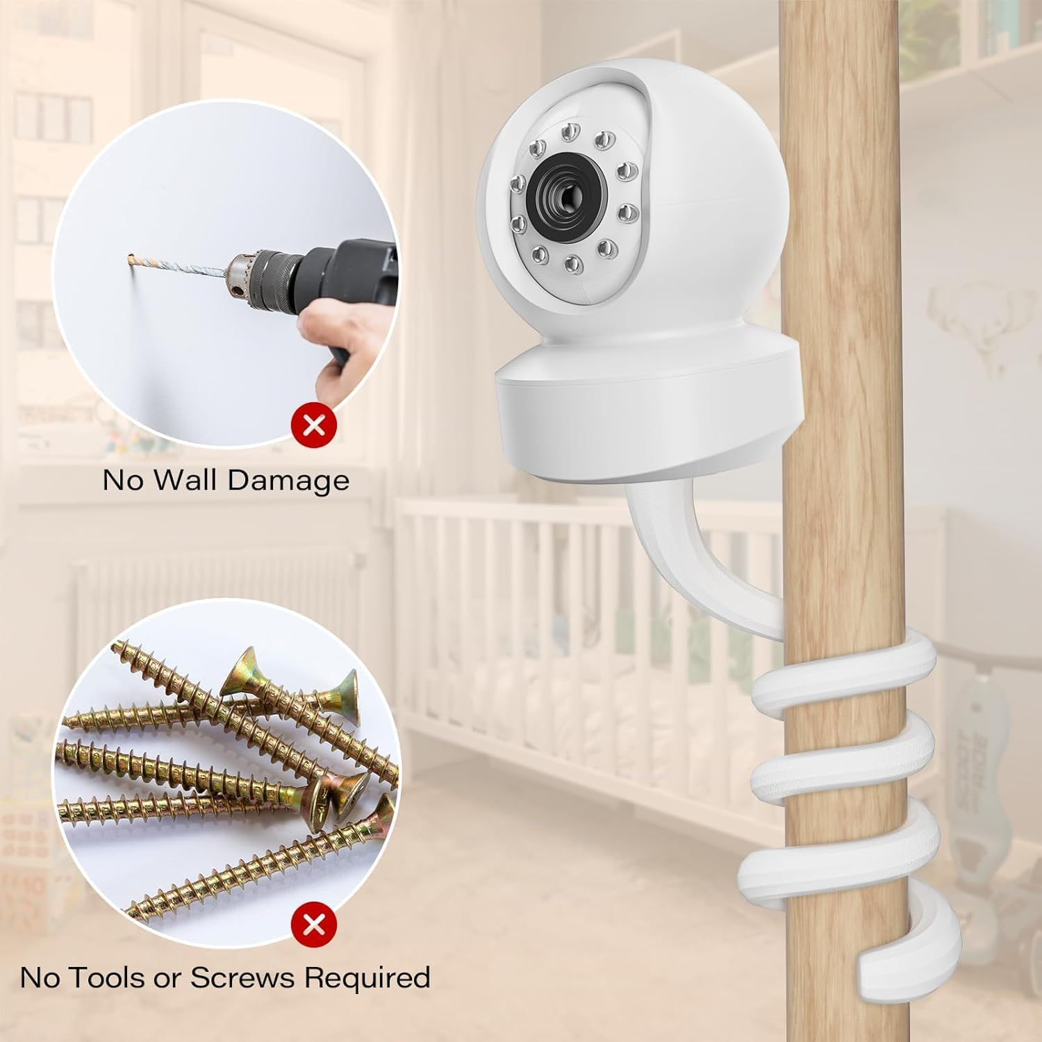 Baby Monitor Mount, Camera Shelf, Flexible Camera Holder, Universal Compatible Size, Adjustable Crib & Furniture Attachment for Baby Monitors(White) image number 3