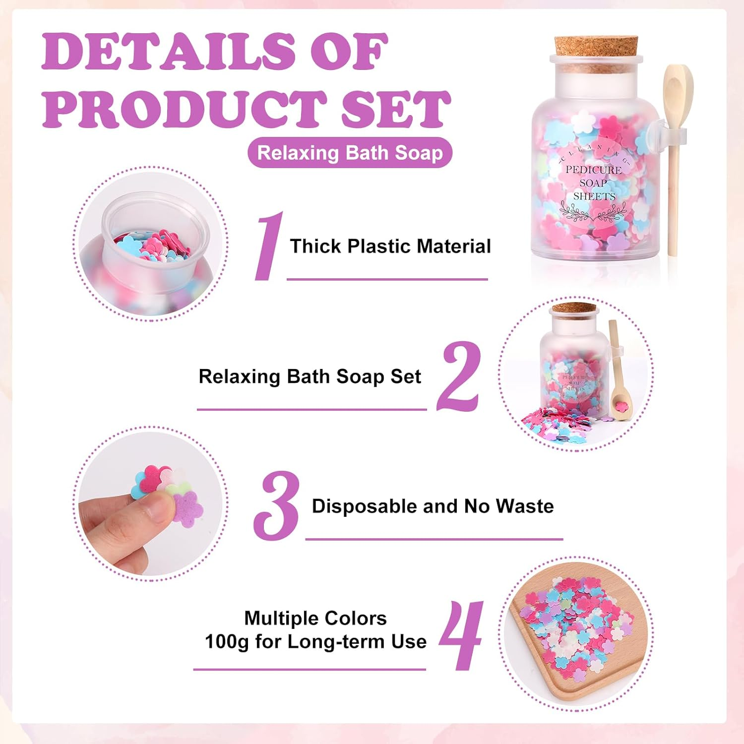100G Foot Soak Flower Paper Soap Sheet 17.6Oz Plastic Bath Salts Jar Pedicure Foot Soaks Portable Disposable Soap Sheets Colorful Hand Soap Sheetrelaxing Bath Soap Set Mini Soap for Gifts Travel image number 3