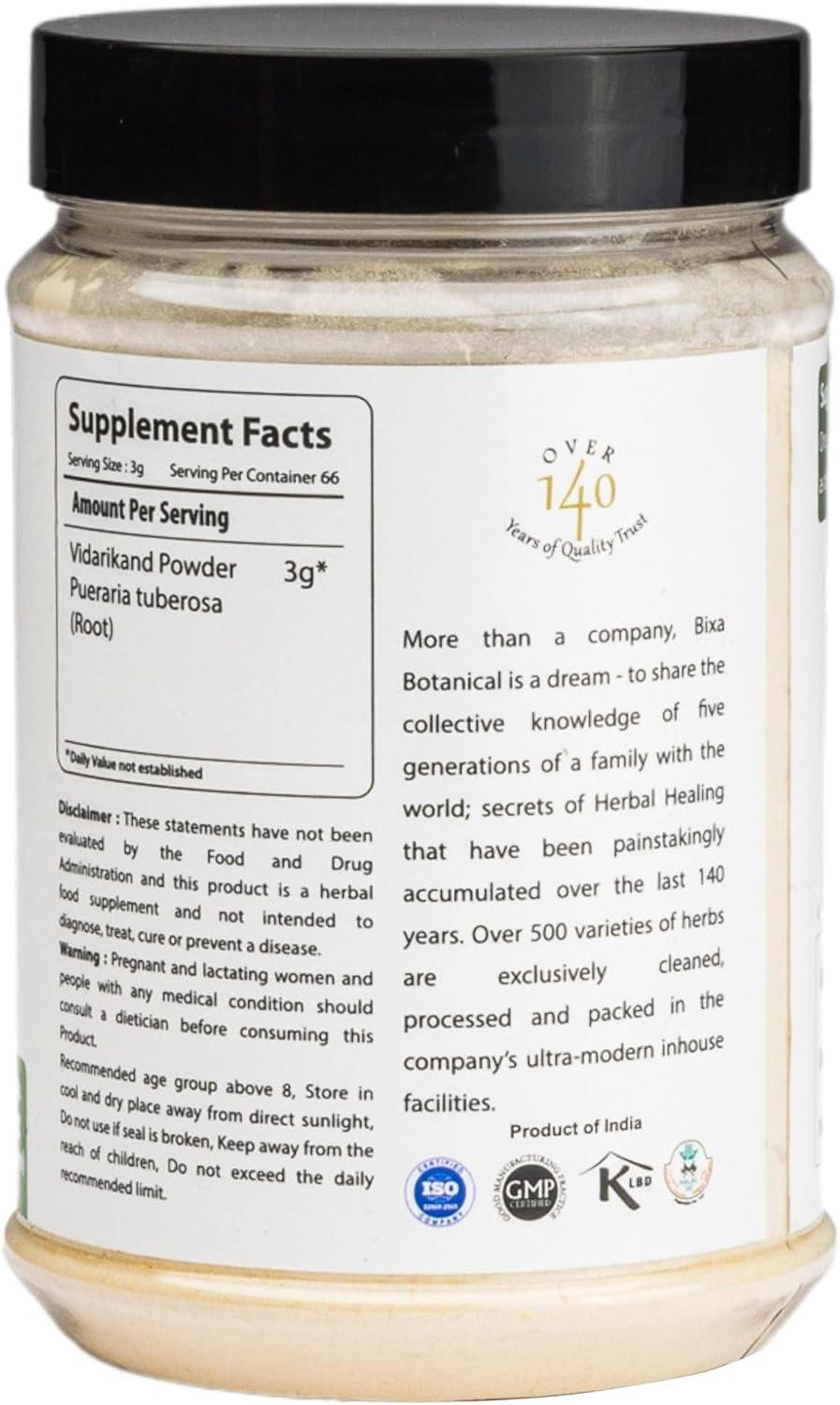 Bixa BOTANICAL Indian Kudzu Root Powder (Pueraria Tuberosa/Vidarikand), Promotes Muscle Mass, Strength & Weight Gain - 7 Oz (200G) image number 1