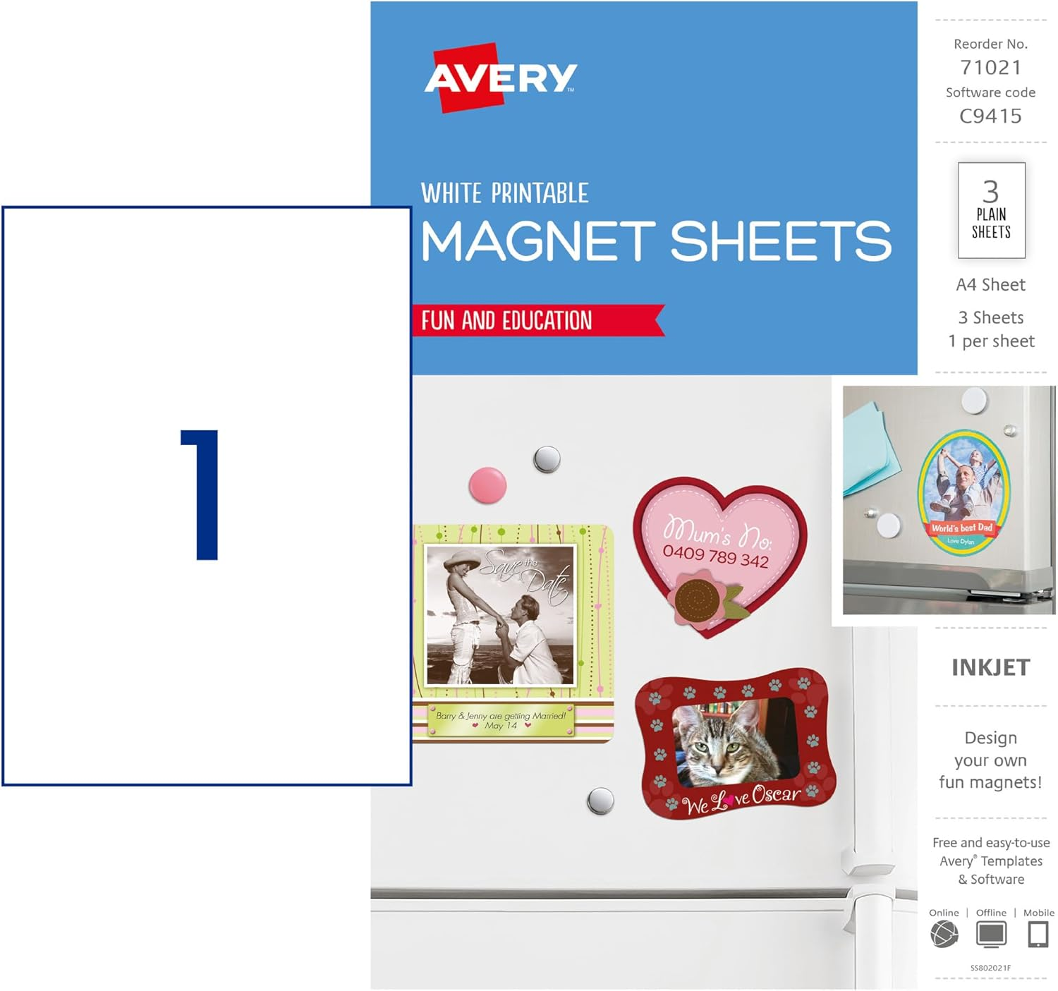 Avery A4 Magnet Sheets for Inkjet Printers - Fridge Magnets - Home D&eacute;cor Products - A4, 3 Sheets (71021 / C9415) image number 1