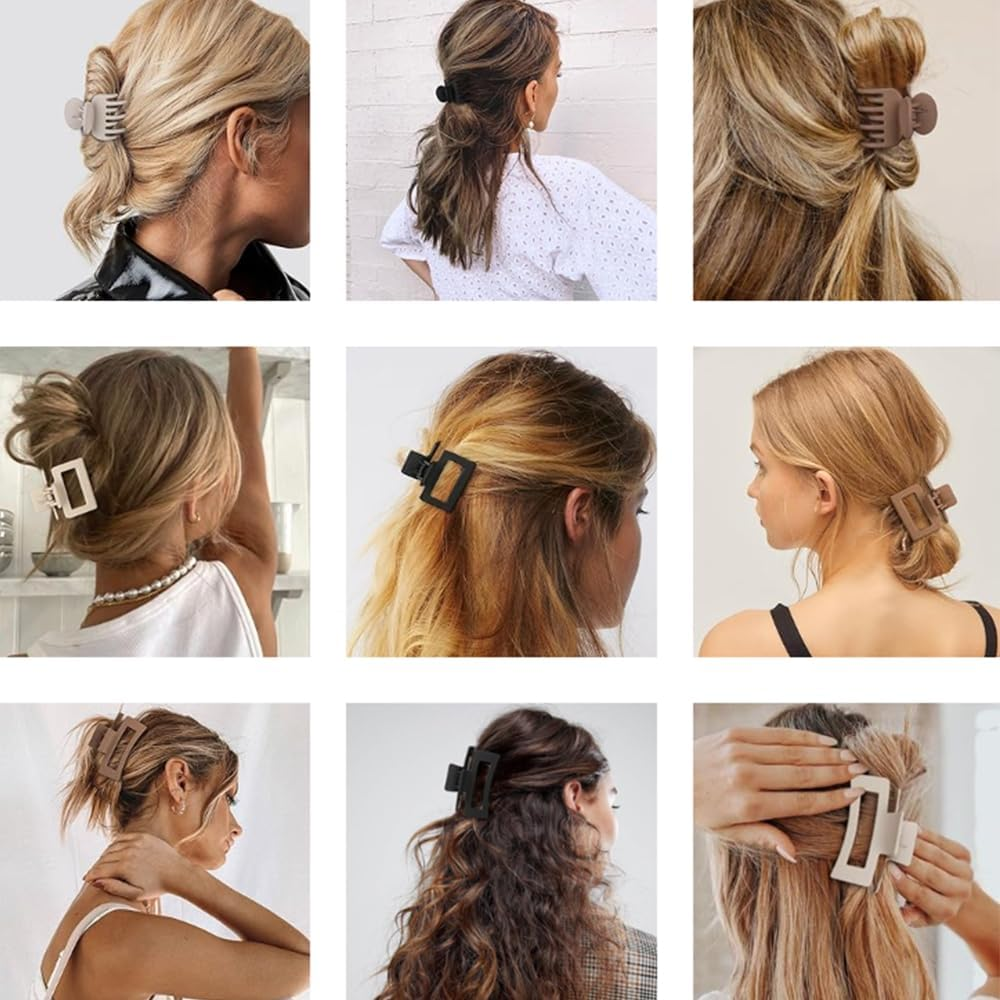 Medium Hair Claw Clips Set for Women Girls - 3 Styles, 9Pcs Rectangle Square and Double Row Teeth Hair Clips for Thick Thin Hair - Nonslip Jaw Clips (Beige, Brown, Black) image number 1