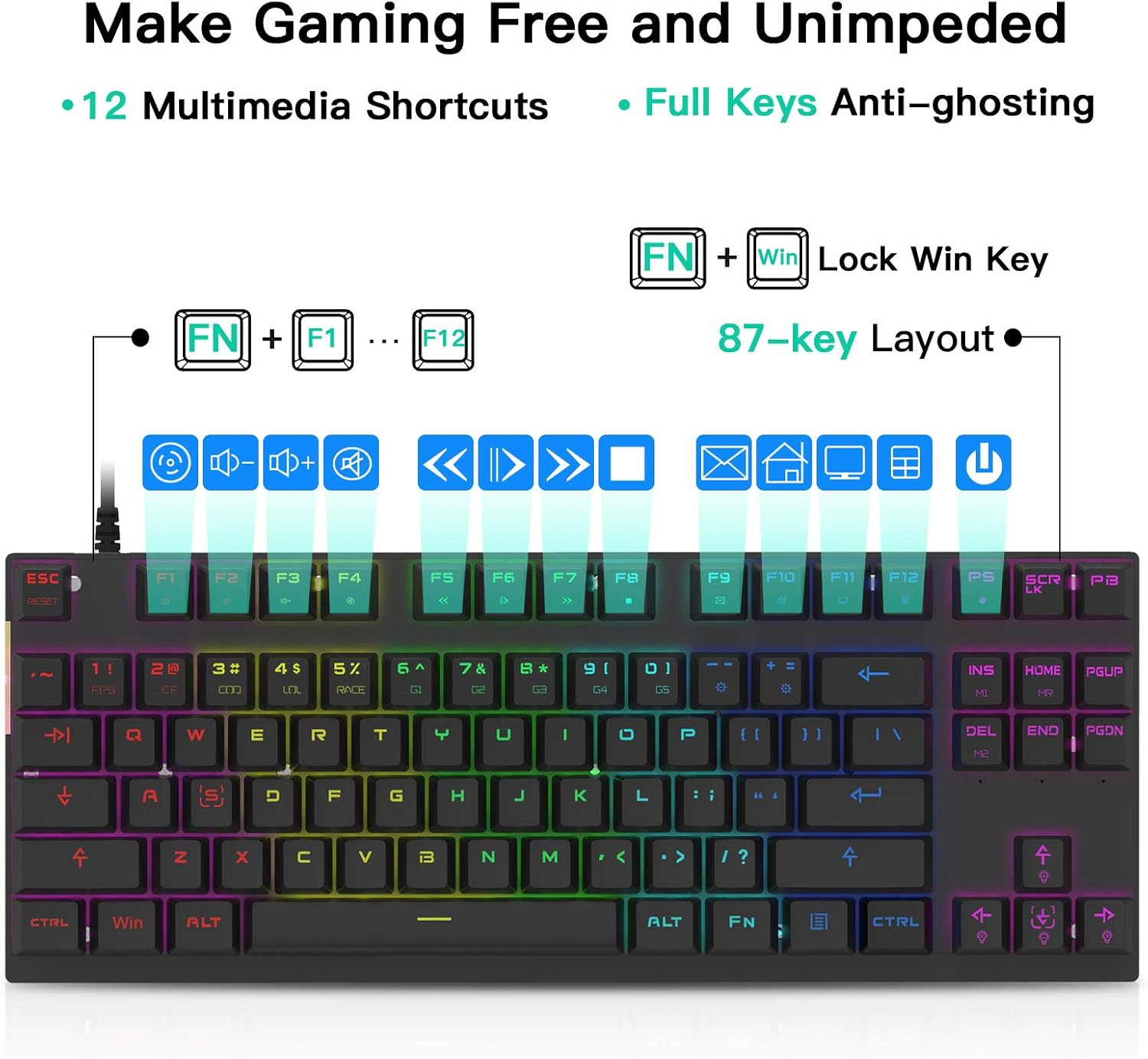 Motospeed Professional Gaming Mechanical Keyboard RGB Led Backlit Wired with Anti-Dust Proof Switches for Gaming Keyboard for Mac & PC (Black, 87 Key Red Switches) image number 6