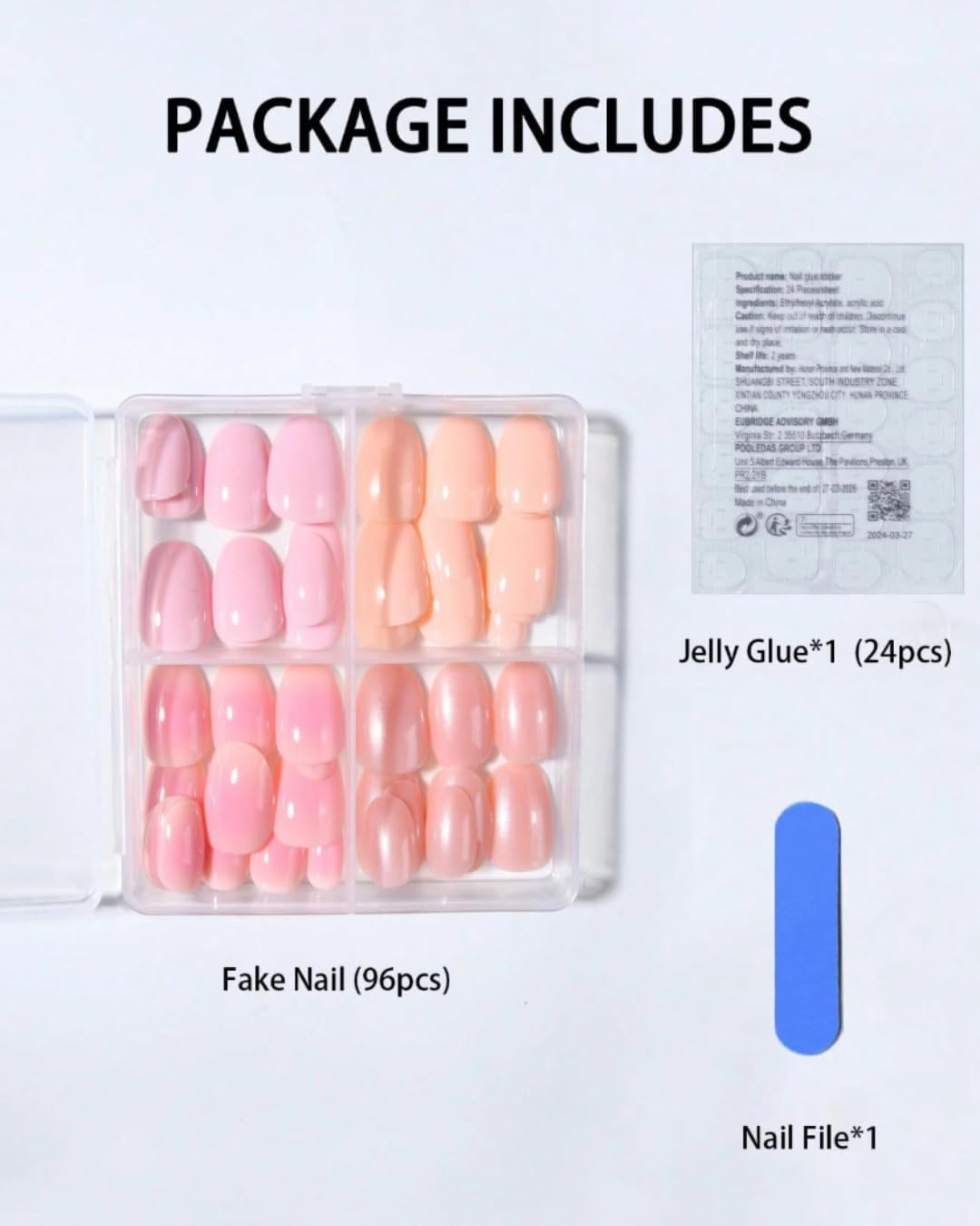 Almond Press-On Nails, 96 Pieces, French Tip Design with Pearls, Black/Red/White/Pink Tips (96-Piece Short Oval Press-On Nails Set, Pink Shades Design)