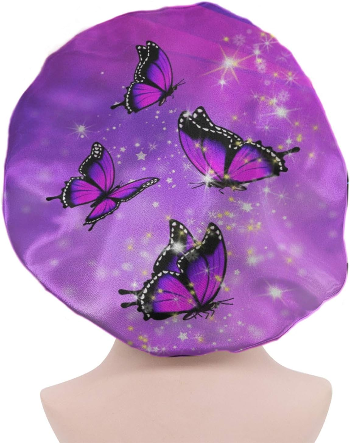 Advocator Purple Butterfly Satin Bonnet Sleep Bonnet Cap - Extra Large, Double Layer, Reversible, Adjustable Satin Cap for Sleeping Hair Bonnet image number 3
