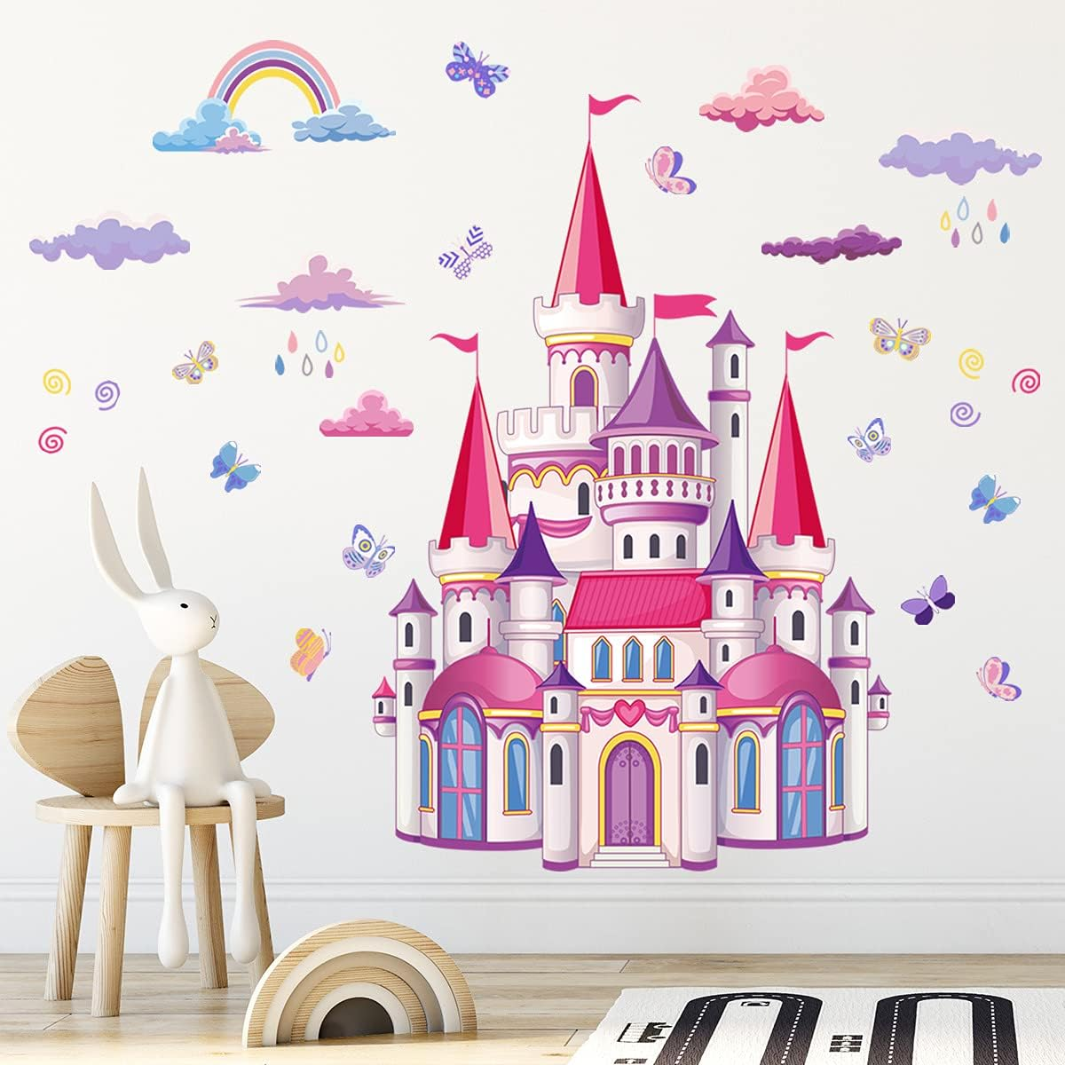 Pinenjoy Cartoon Castle Wall Decal Colorful Rainbow Clouds Butterfly Wall Stickers 39X30Inch DIY Removable Self-Adhesive Vinyl Wall Clings for Girls Bedroom Nursery Classroom Living Room Decors image number 5