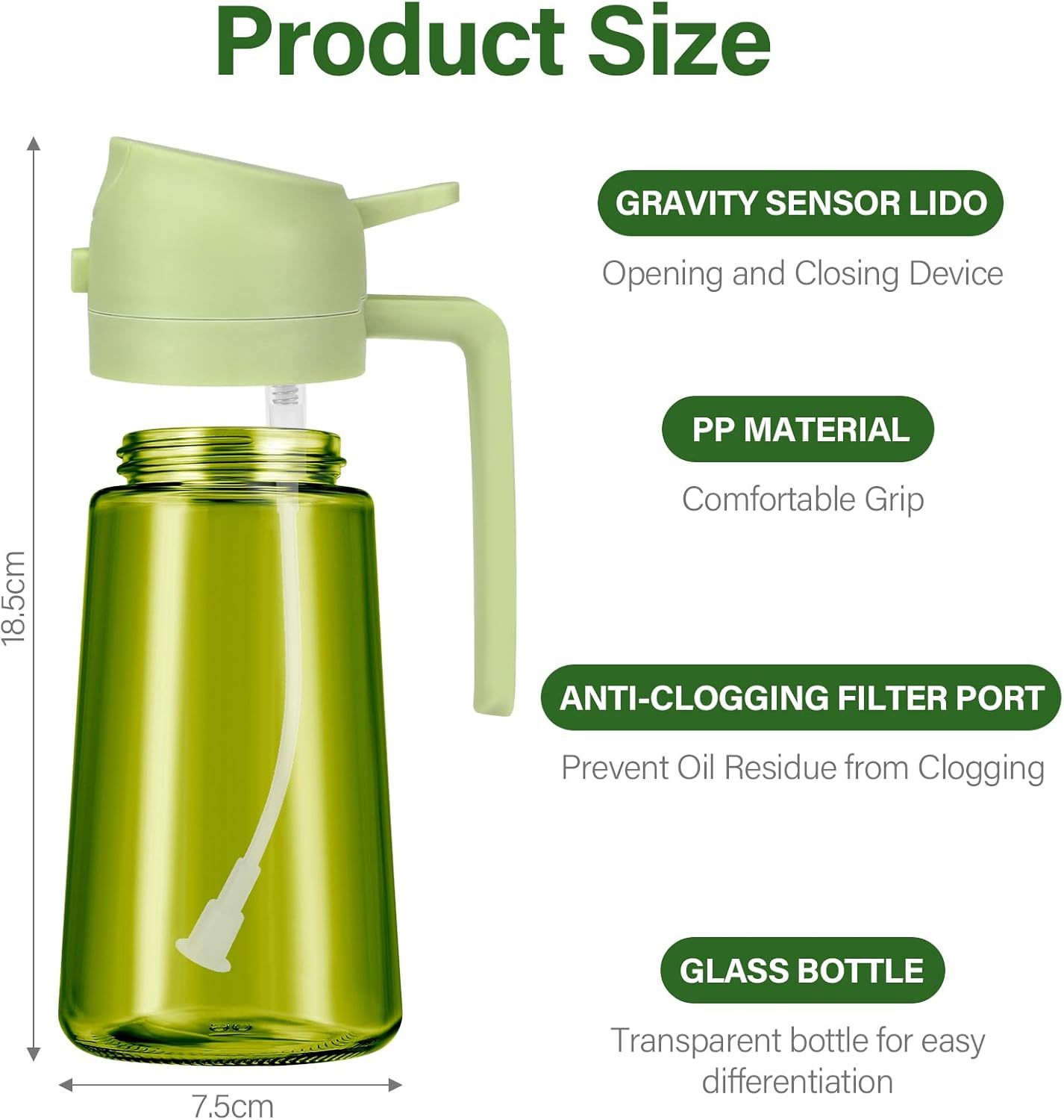 Tapvai Oil Sprayer 2 in 1 for Edible Oil 470Ml Light Blocking Dark Sprayer UV Protection for Kitchen Green Glass Bottles for Cooking image number 1