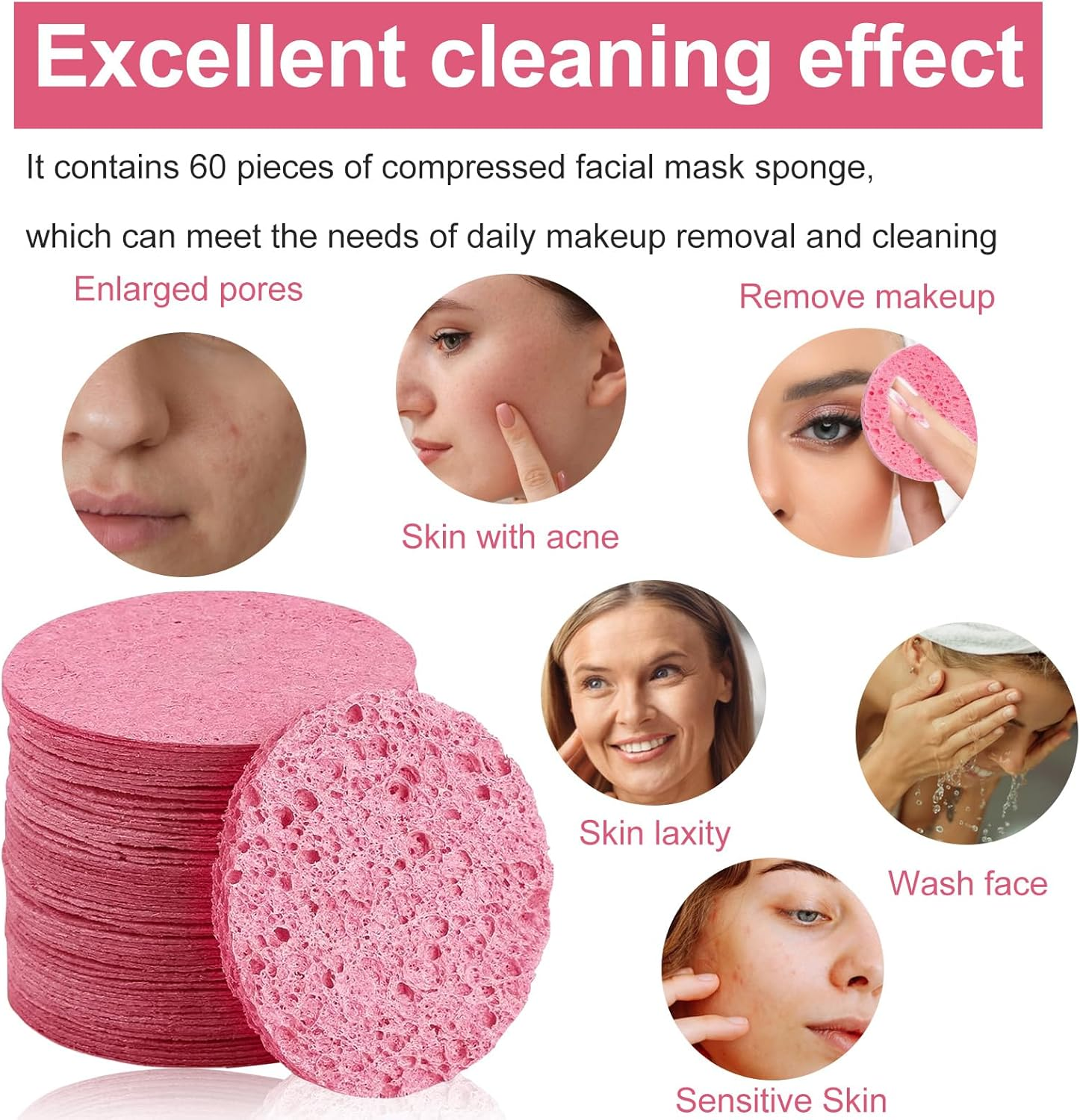 Pack of 60 Compressed Face Sponges, Reusable Makeup Remover Pads, Make-Up Sponge, Cellulose Face Sponges, for Removing Make-Up, Cleansing and Exfoliating the Face image number 4