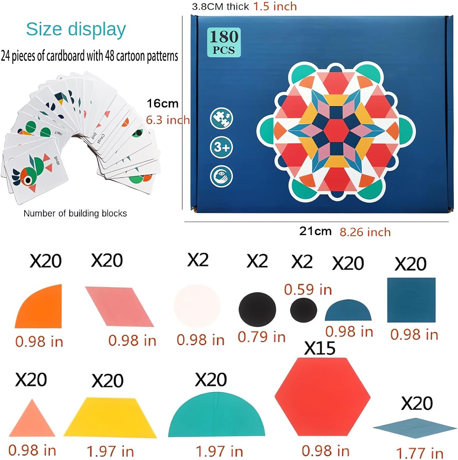 180 Pcs Wooden Pattern Blocks, Tangram Puzzles for Kids Ages 4-8, Montessori Toys Geometric Shapes Puzzle Set with Activity Cards, Educational Learning Toys for Children image number 4