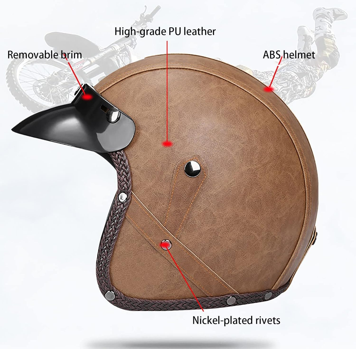 Motorcycle Helmet Vintage Motorcycle 3/4 Helmet with Bluetooth Open Face Leather Helmet with Personalized Visor Fits Adult Men Women DOT/ECE Approved Jet Helmet