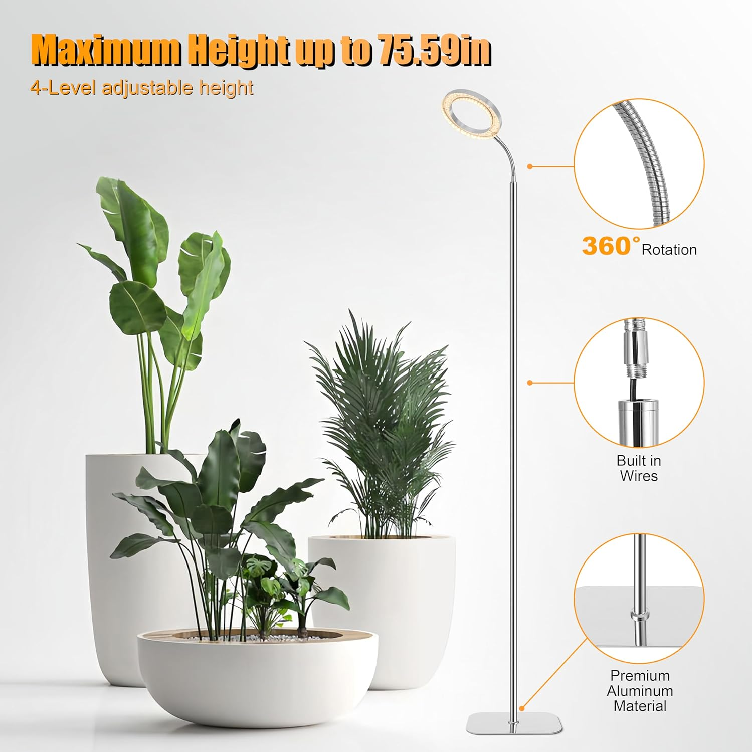 Floor Grow Light for Indoor Large Tall Plants, LED Full Spectrum Plant Light with Stand, 3/9/12H Timer, 60 Inch Height Adjustable,10 Level Dimmable, Silver Halo Growth Lamp image number 3