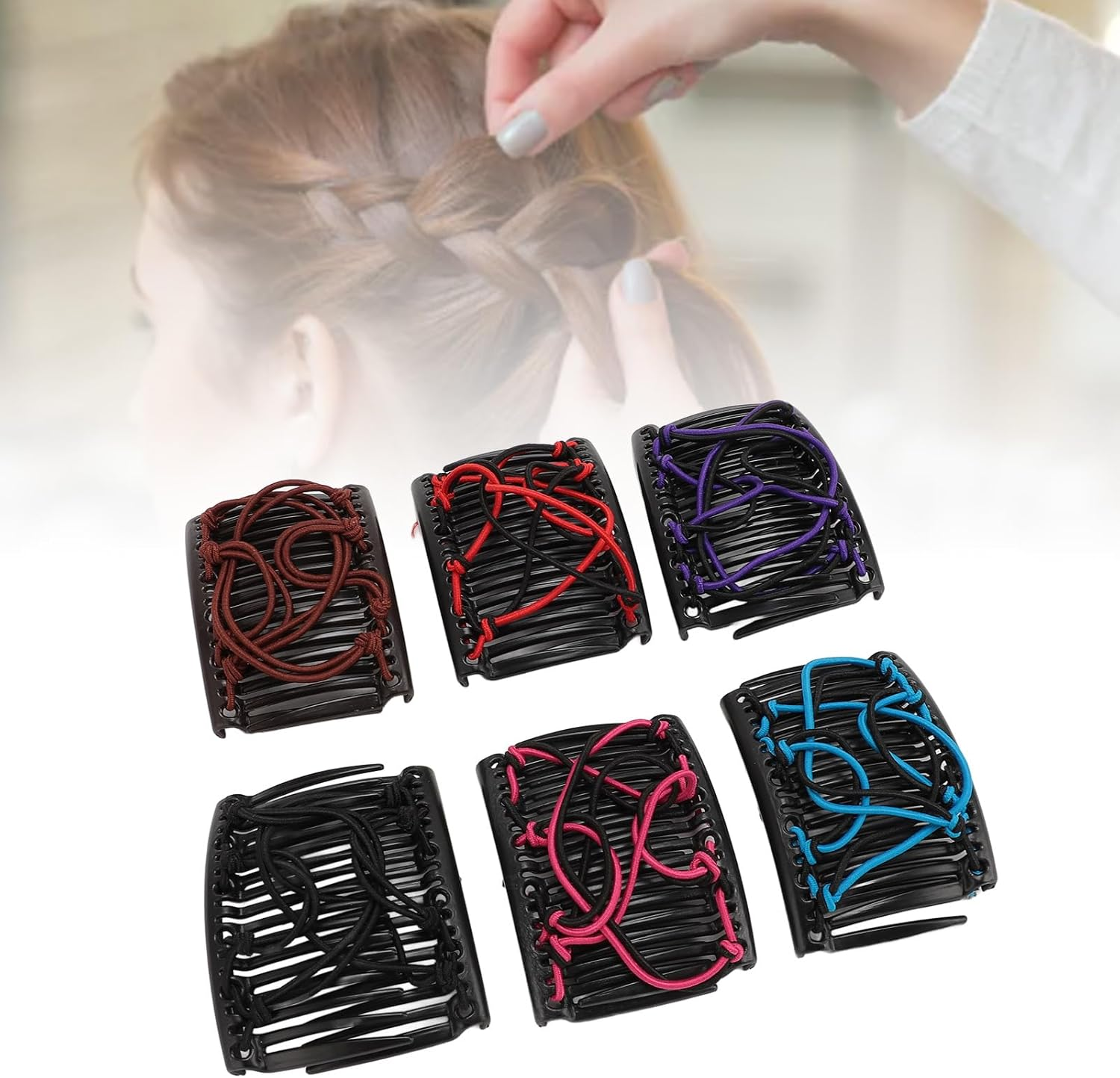 Stretchy Magic Hair Comb Double Clips Bun Maker Red Purple Blue Black Coffee Rose Elastic Comb Hair Clips for Thick Curly Thin Hair image number 1