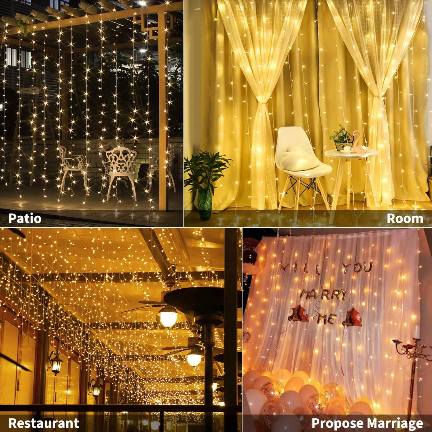 Fairy Curtain Lights 300 LED USB Window Curtain String Lights with Remote & Timer, 8 Modes Warm White Indoor Outdoor Wedding Party D&eacute;cor image number 4