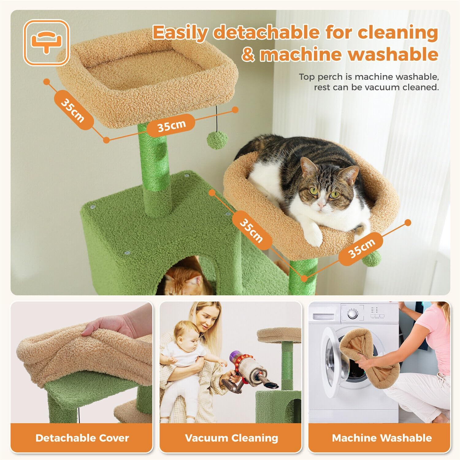 PAWZ Road 180Cm Large Cat Tree for Indoor Cats, Multi-Level Cat Tower Cat Scratching Post with 2 Perches, 2 Condos, Hammock and 2 Pompoms Green