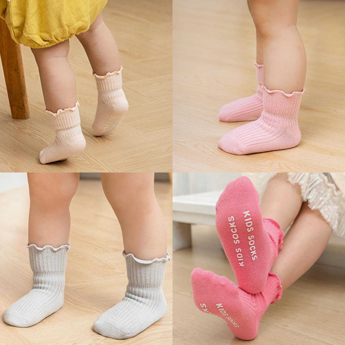 Baby Girls anti Slip Socks 6 Packs, Toddler Non Skid Ruffle Crew Socks Girl'S Frilly Dress Socks Turn Cuff Cotton Long Socks with Grippers for 0-12 Months 1-5 Years Newborn Baby Girls Infant Kids