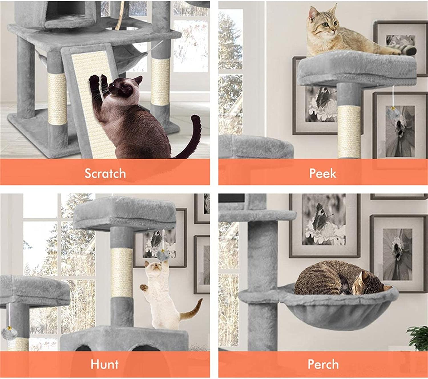 BEASTIE Cat Tree 161Cm Multi-Level Tower with Scratching Post Scratcher, Sisal-Covered Cat Tower with Plush Perch, Cat Condo Play House Wood Furniture for Kitten Climbing & Rest(Light Grey) image number 1