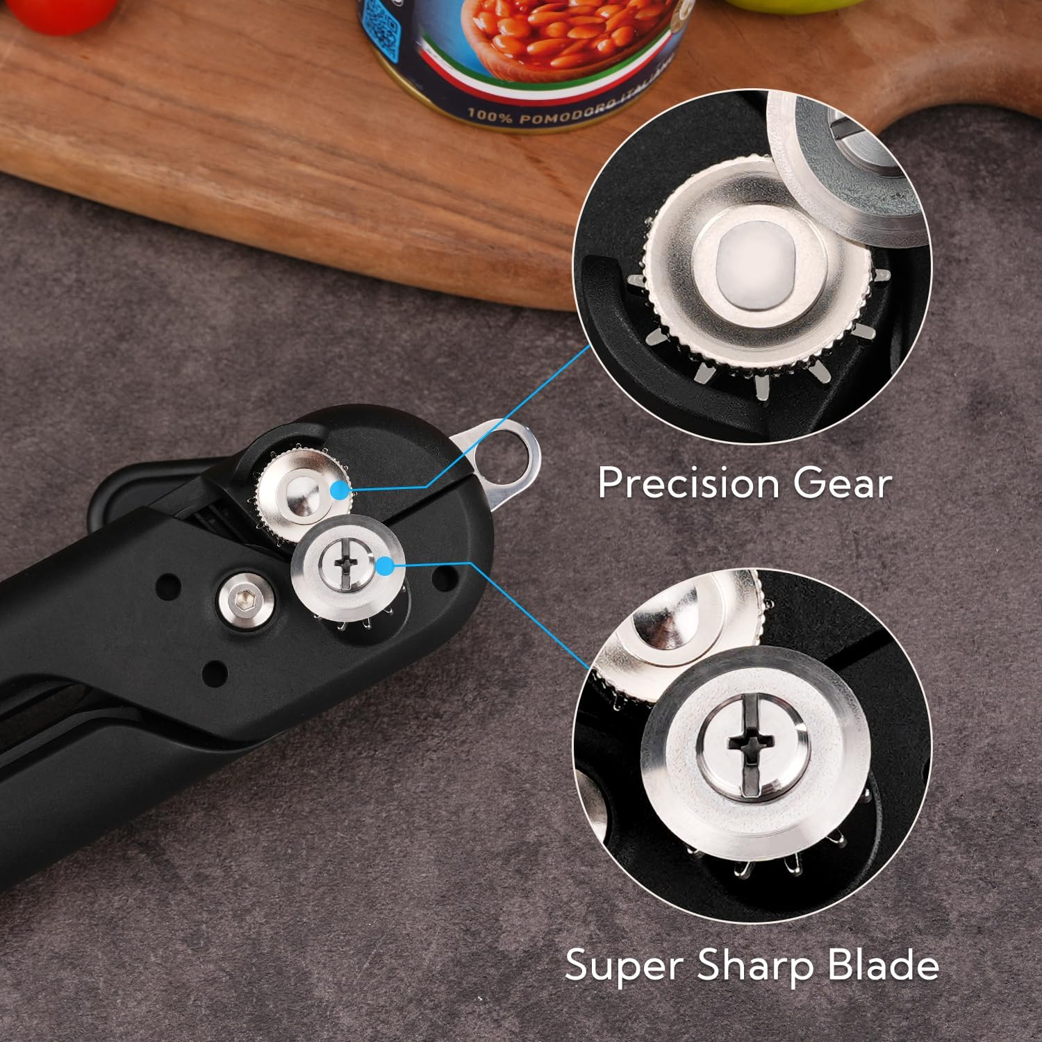 KITCHENDAO Replaceable Can Opener with 2 Extra Blades, Super Sharp Manual Can Opener with Magnet, Smooth Edge Cut Handheld Tin Opener, Large Turning Knob for Seniors & Arthritis, Black image number 3