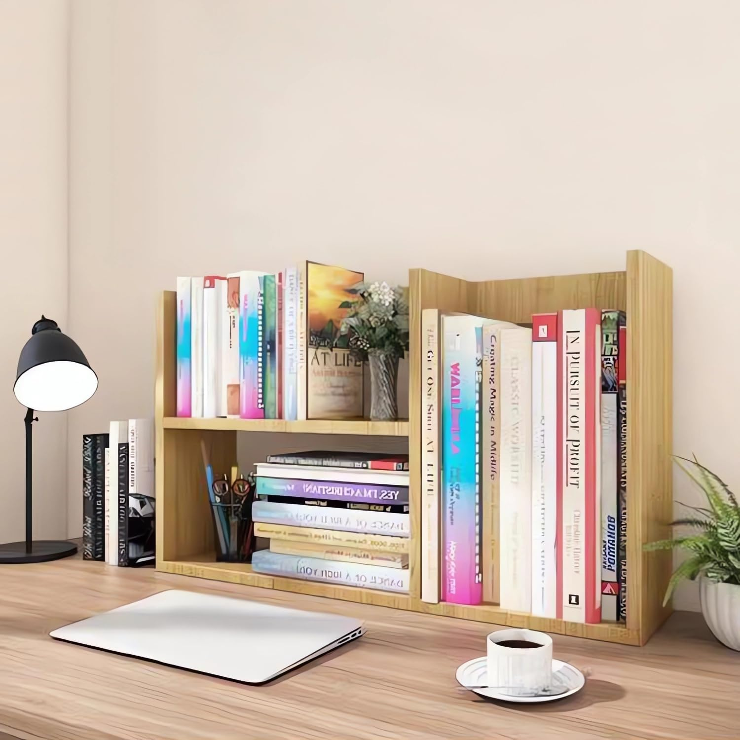 Desktop Bookshelf Organiser, Wood Office Desk Storage Rack, Home Office Bookcase A811 (Wood)