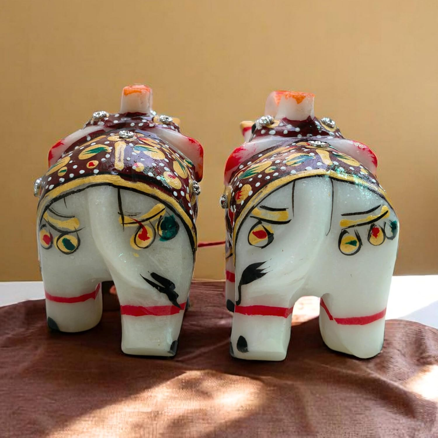 Natural White Marble Elephant Statue Pair 3X2.25 &ndash; Hand-Painted Multicolor Figurines &ndash; Gold Artwork Showpiece for Home, Living Room &ndash; Good Luck & Housewarming Gift D&eacute;cor Item