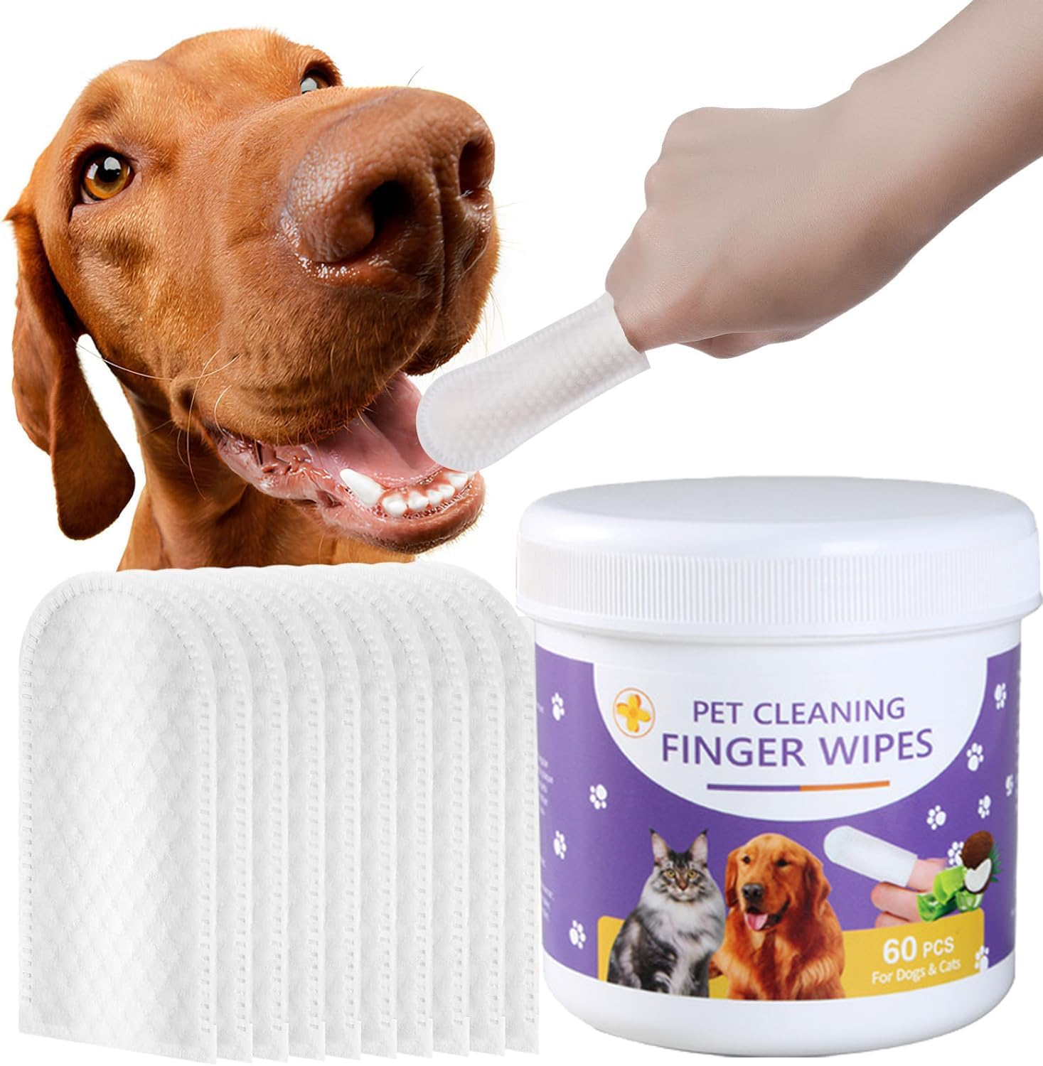 Mumoo Bear 60 Count Ear Teeth Wipes for Dogs and Cats, Pet Ear Cleaner Wipes Pet Dental Care Finger Pads for Fresh Breath & Oral, Soothing Cleansing,Odor Removal,Natural Plant Extracts (Pack of 2) image number 2