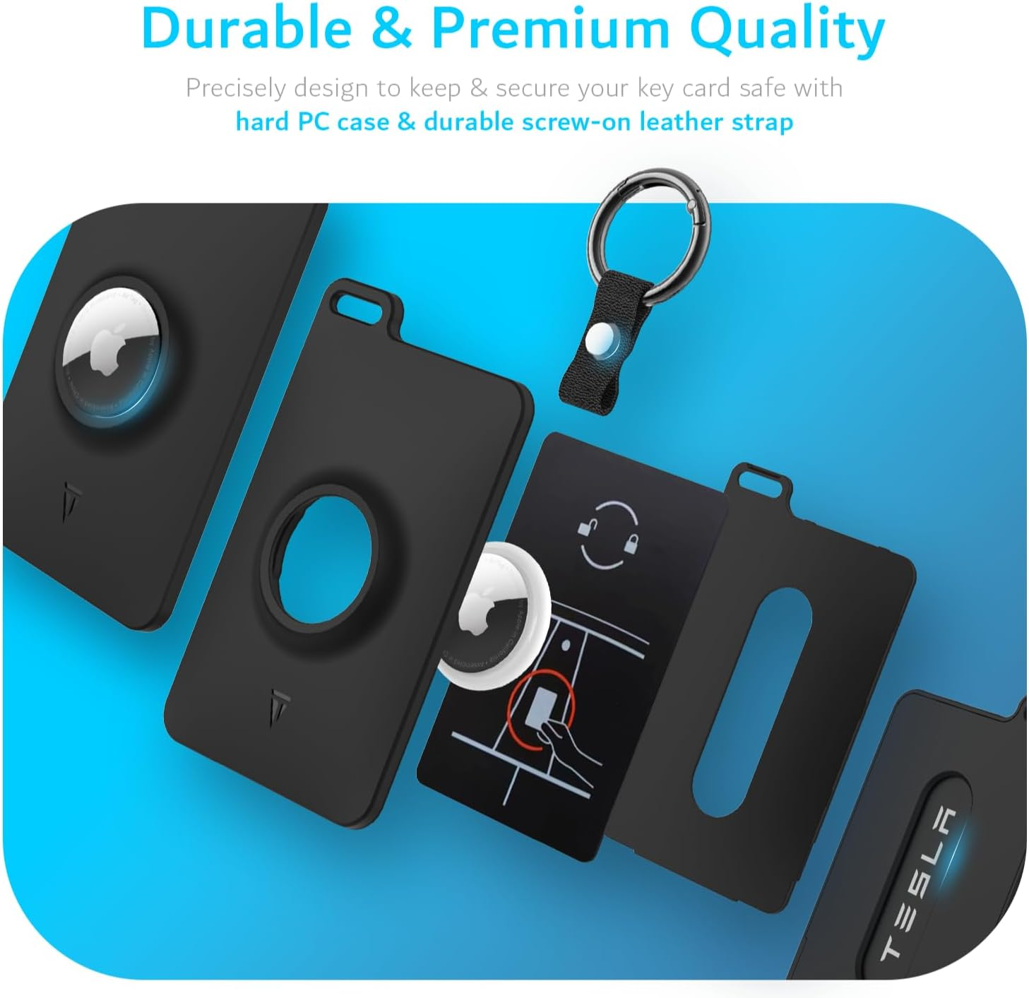 TUDIA Card Holder Case Designed for Tesla Key Card with Airtag Slot - [2 Pack] Keycard Cover for Model 3 Y S X Cybertruck with Carabiner & Scratch-Resistant Protective Card Film (Black) image number 2
