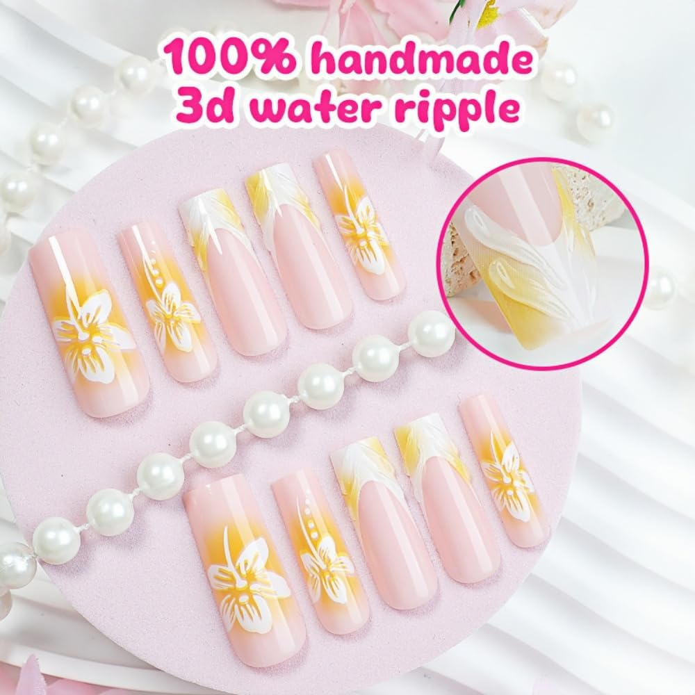 24Pcs French Tip Press on Nails, Ink Green Chinese Style Fake Nails, Almond French Tip Press on Nails for Women/Girl (Yellow, 24Pcs)