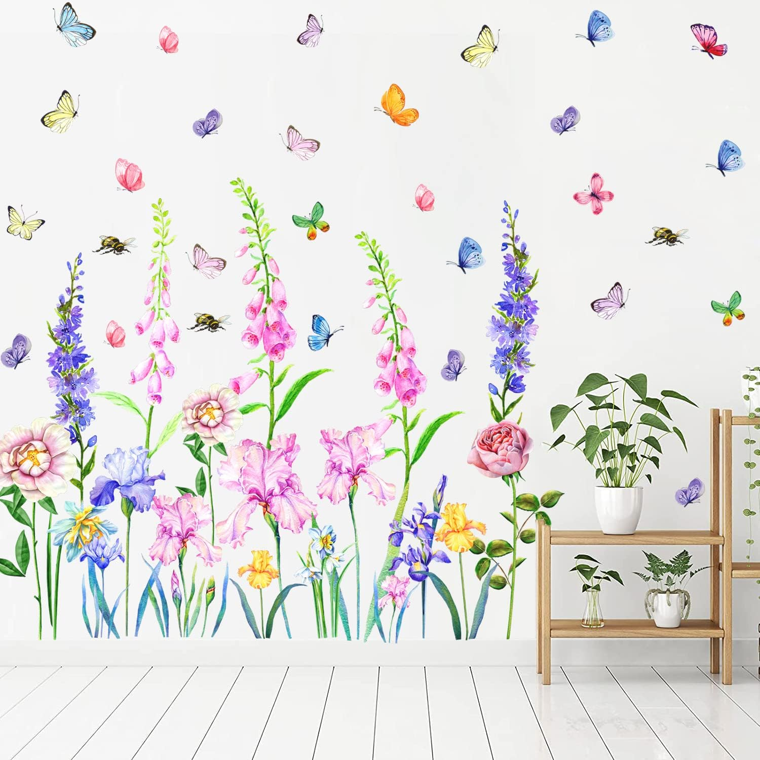 KOKOLAP Garden Flowers Window Clings,Flower Wall Stickers,Iris Florals Window Decals Peel and Stick,Green Leaves Wall Vinyl Decal,Butterfly Bouquet Wall Art Decor for Girls Bedroom Kitchen Living Room