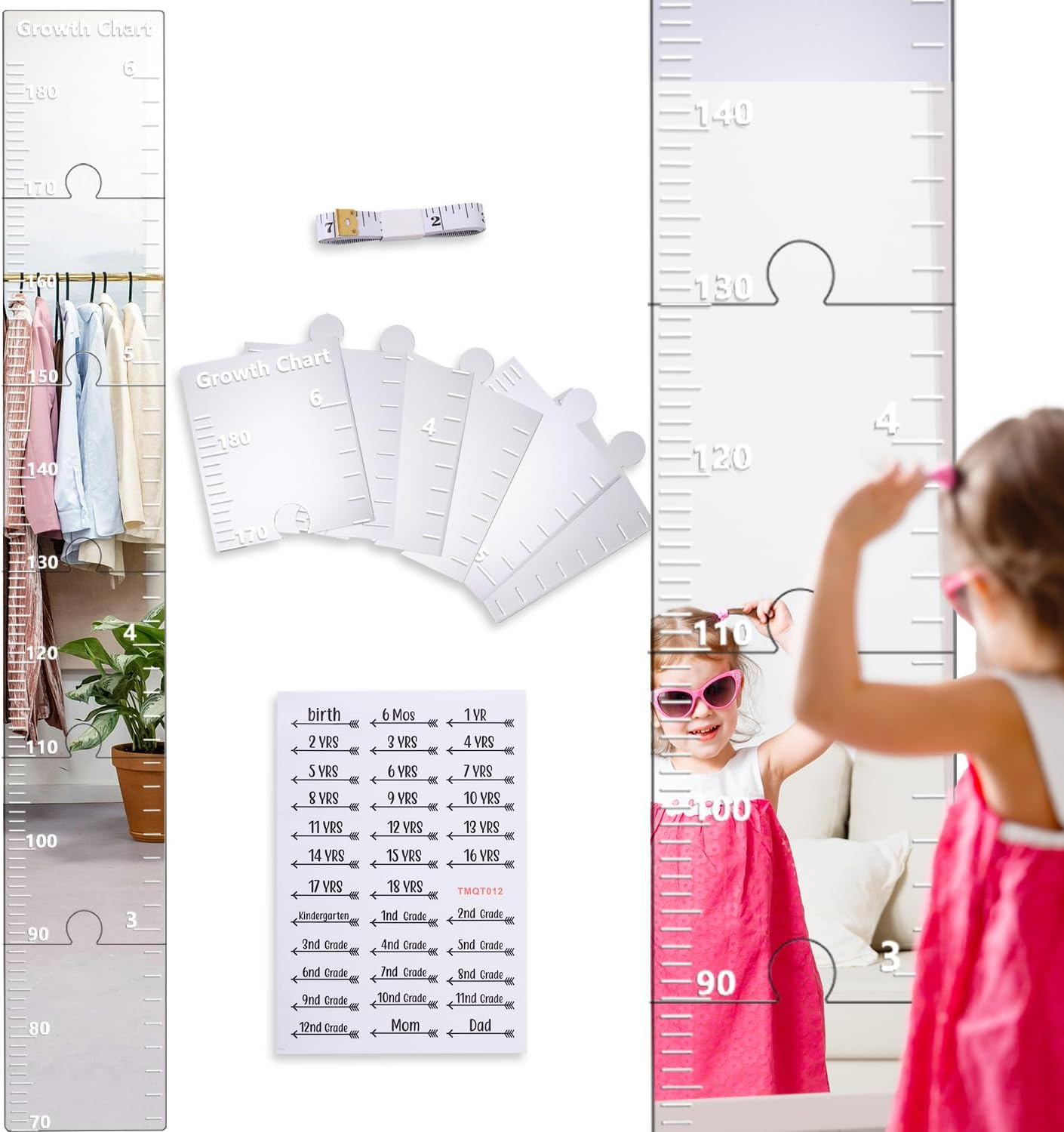 Puzzle Mirror Growth Chart, 47.24X7.09In Acrylic Growth Chart Mirror for Wall Height Measuring Mirror Kids Height Wall Chart Mirror for Nursery Wall Decor image number 2