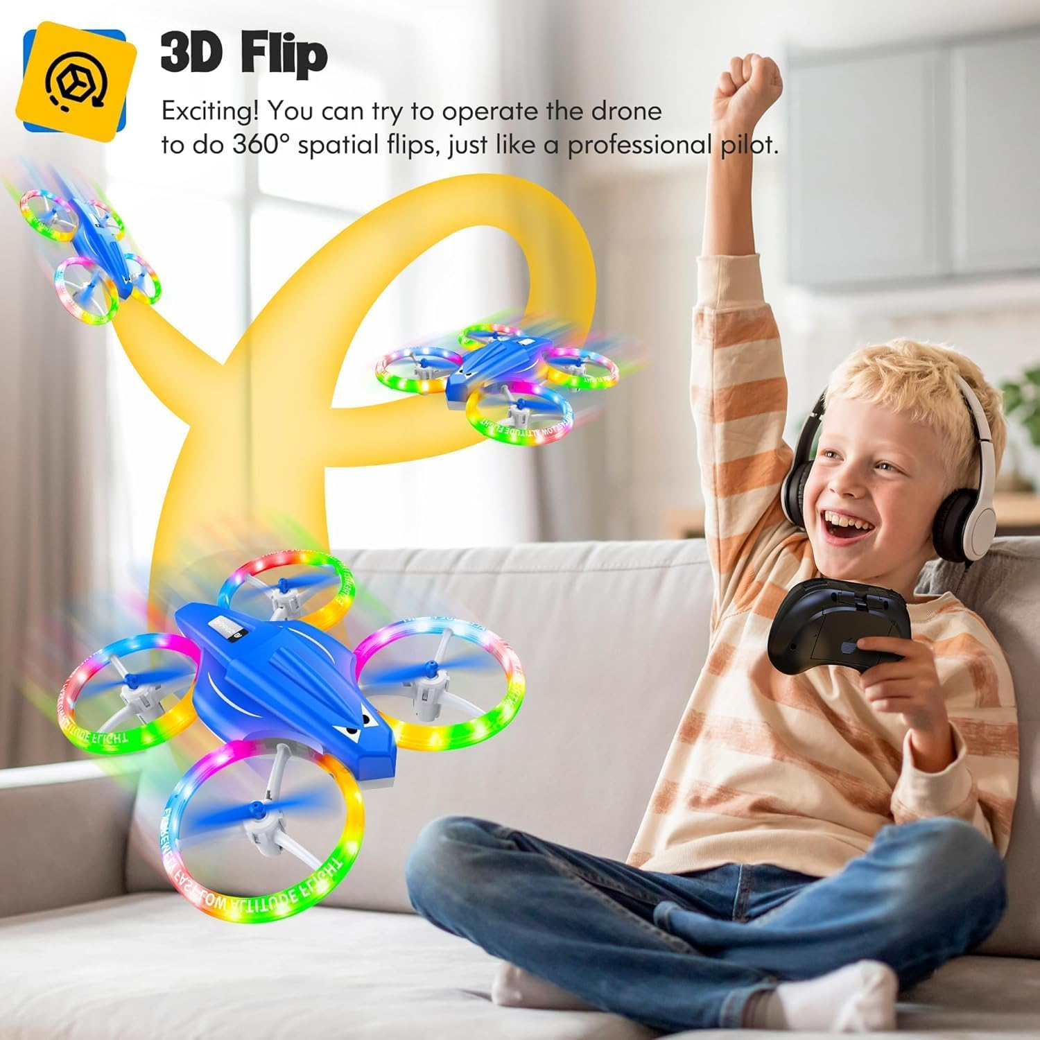 Drones Toys for Kids with Cool Light, 3D Flip, Altitude-Hold, Self-Rotation, Headless Mode, 3 Speed Modes, One-Click Take-Off/Landing, Mini Drone for Christmas, Beginners, Indoor image number 1