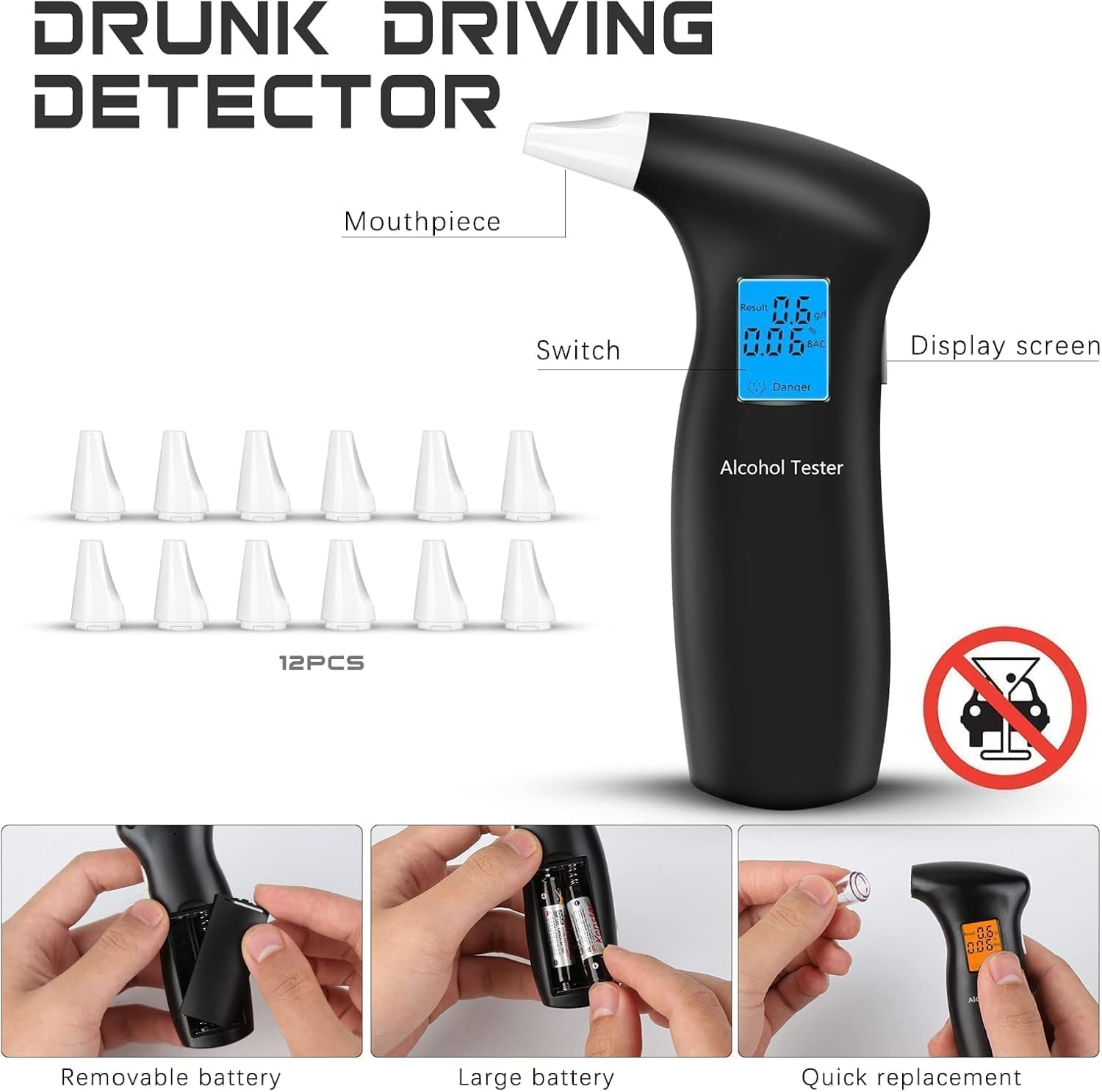 RUTIDA Breathalyzer & Alcohol Tester with 12 Mouthpieces, Professional Breathalysers Portable Alcohol Breath Tester with LCD Display Digital Fast, High Accuracy image number 2