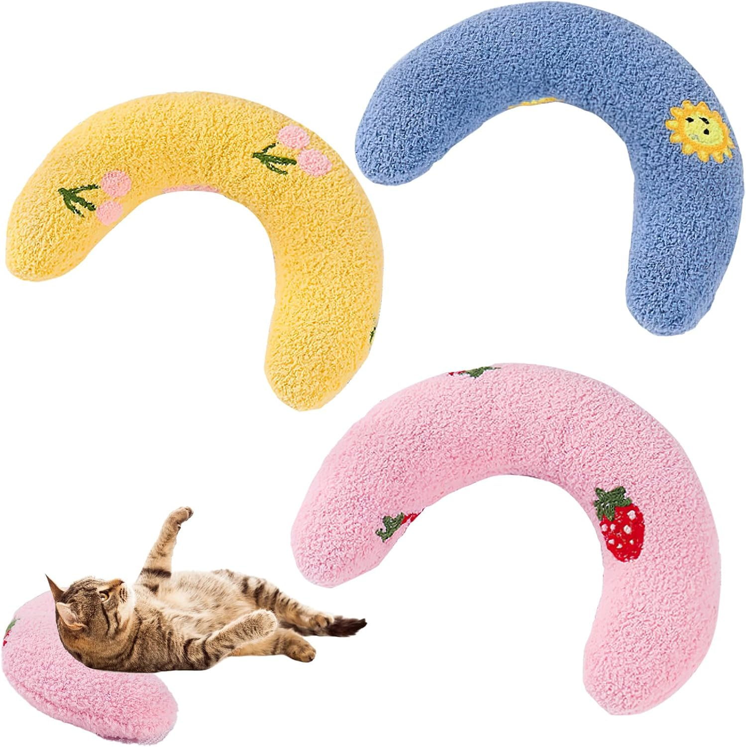 Pack of 3 Quiet Dog Neck Pillow for Pets Toy with Mint for Cats, U-Shaped Pillow to Protect Cervical Spine, Suitable for Sleeping, Playing, Pink, Yellow, Blue